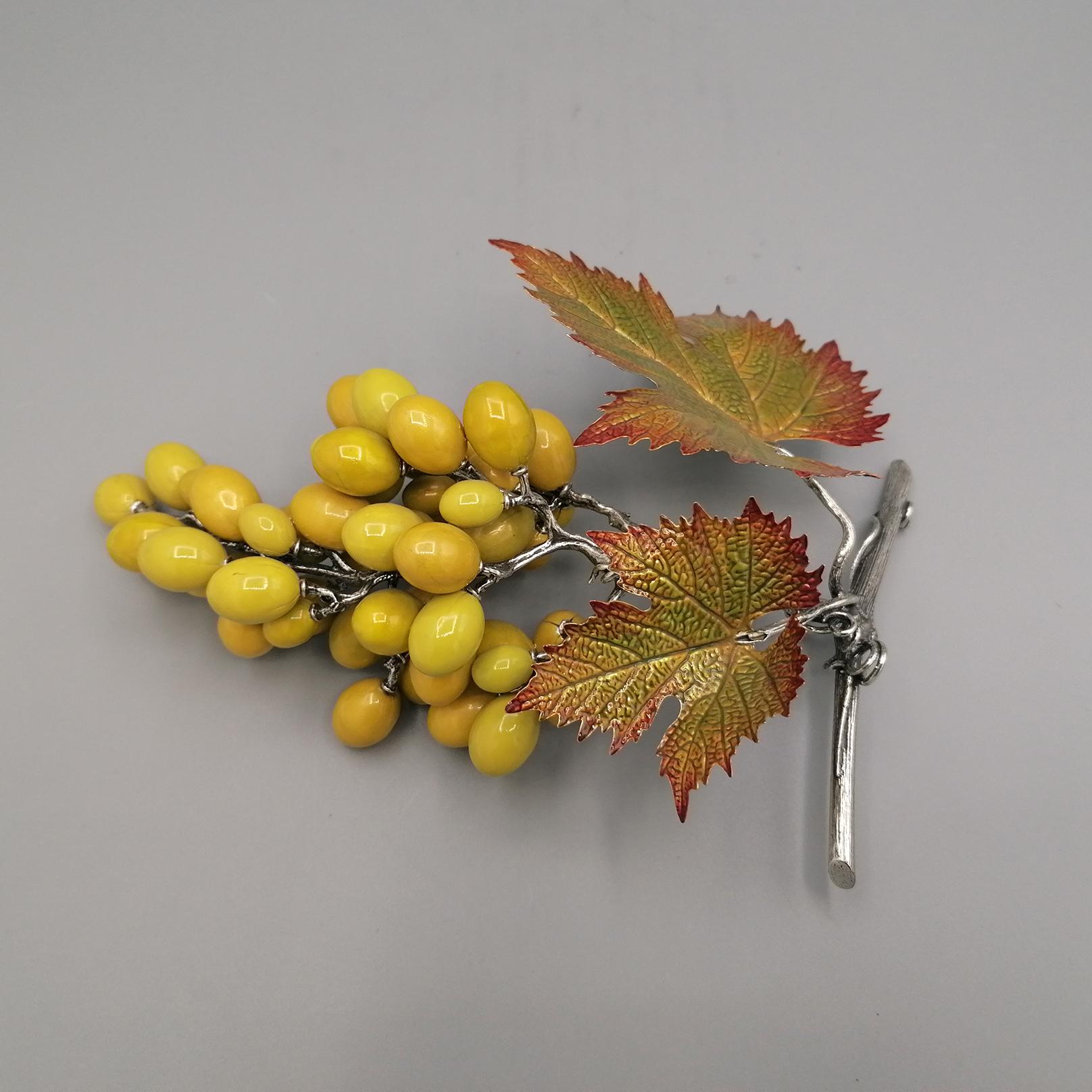 Contemporary Italian grape bunch sculpture in solid 925 Sterling silver with enamels For Sale