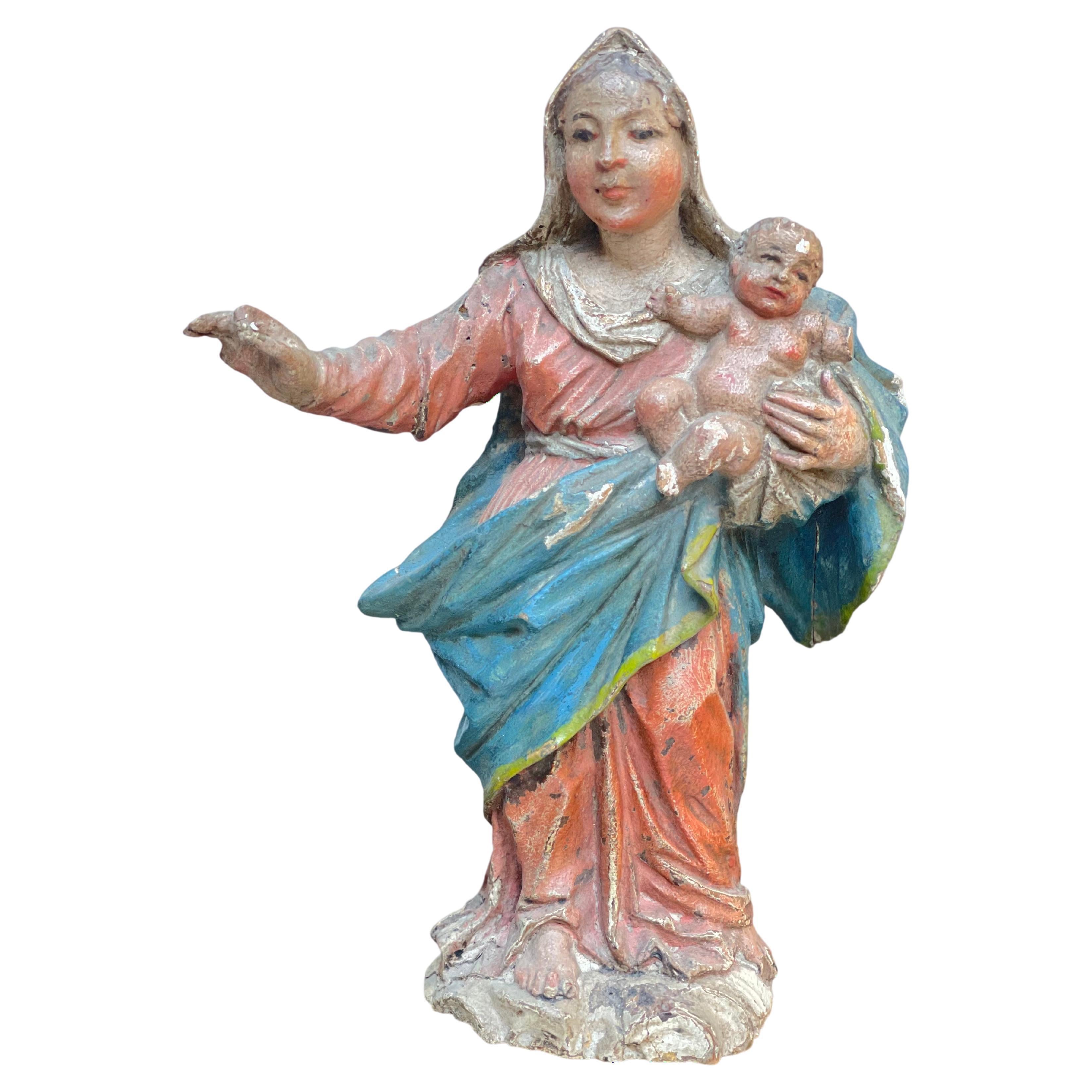 Scultura lignea 18 secolo Madonna con bambino policroma  Skulptur aus Holz 