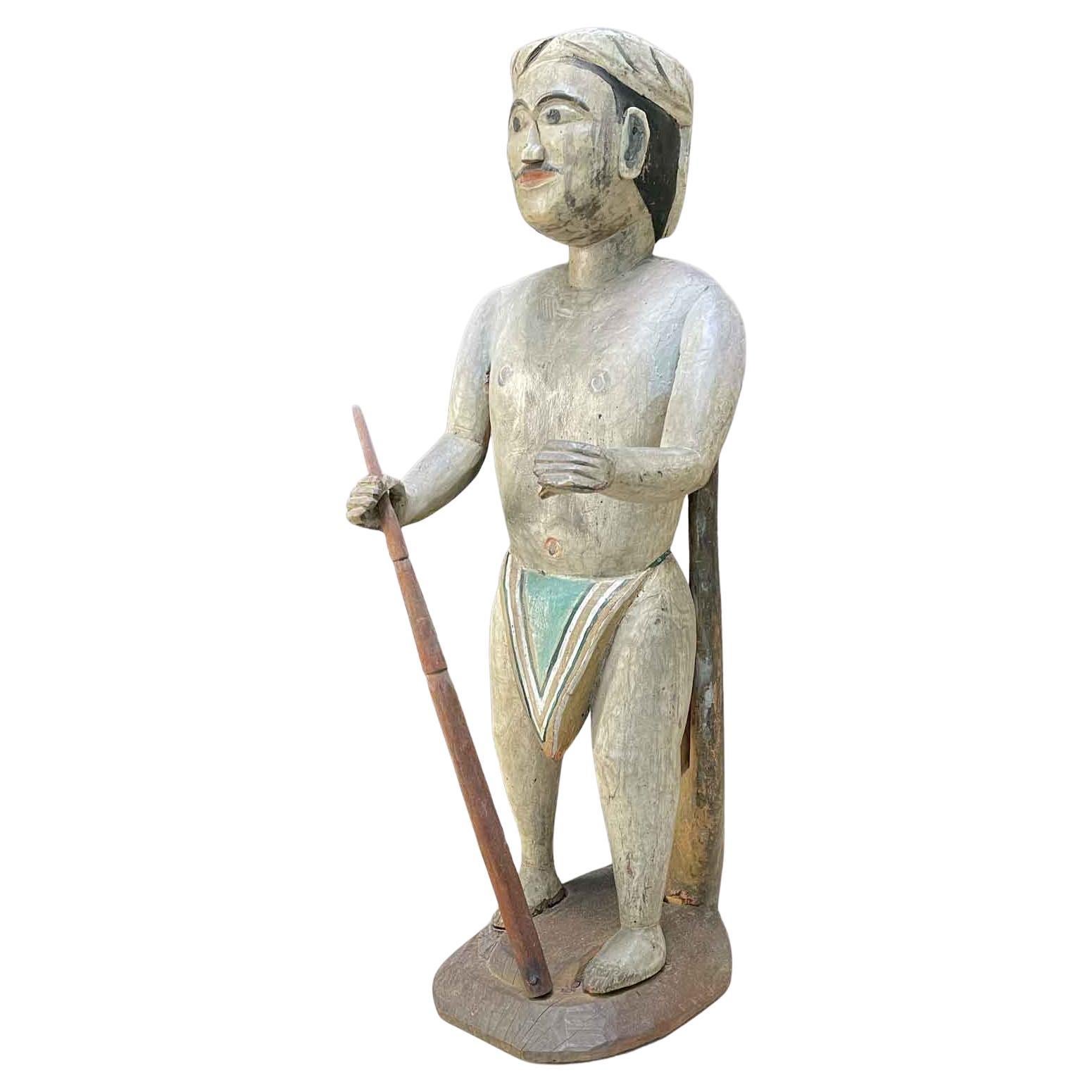 Mandalay Burmese Male Sculpture Late 1800s Sculptée en bois et peinte
