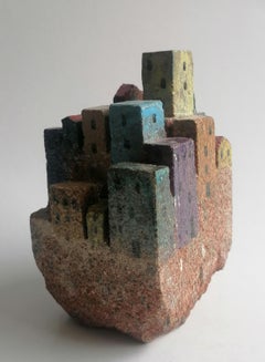 scultura originale- Panorama paese d'Italia scolpito e decorato a smalto dipinto