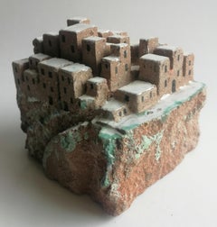 scultura originale- Panorama paese d'Italia scolpito e decorato a smalto dipinto