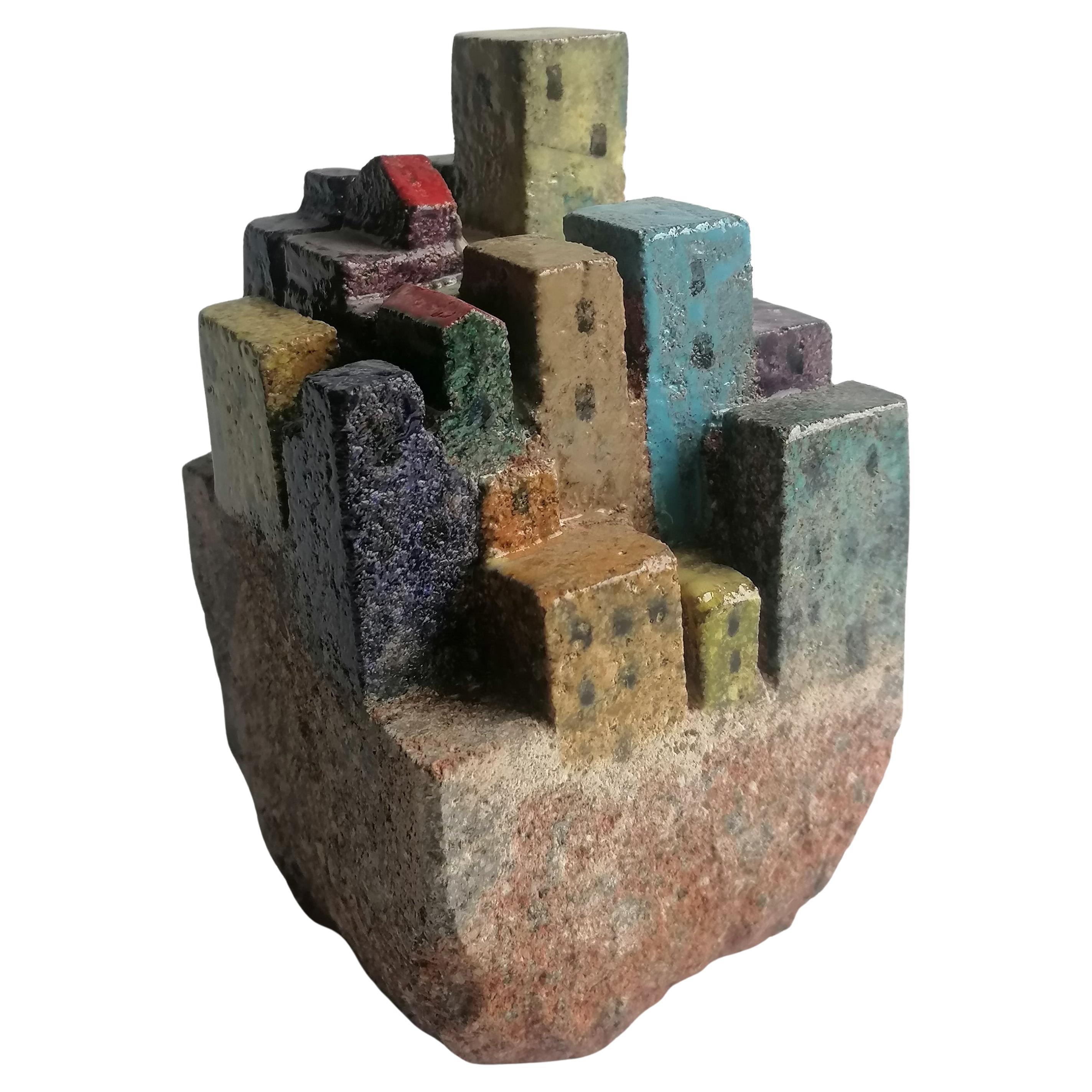 scultura originale- Panorama paese d'Italia scolpito e decorato a smalto dipinto For Sale