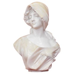 Antique Alabaster Sculptures, Antique Bust Of Woman, Female Sculpture, 19th.