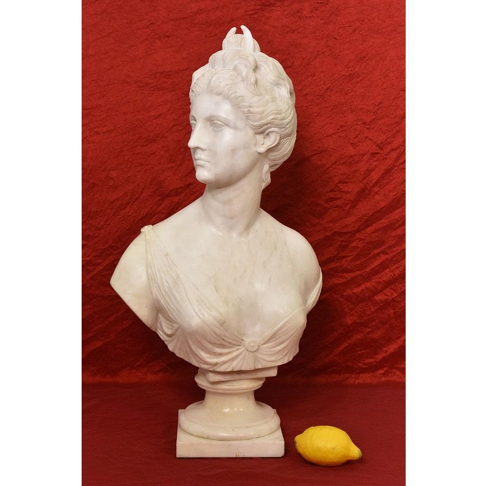 The category Antique Marble and Alabaster Sculptures, features a large and refined Female Sculpture , representing Diana the Huntress. 

Diana was an Italic, Latin and Roman goddess, mistress of the forests, protector of animals.

The age of the