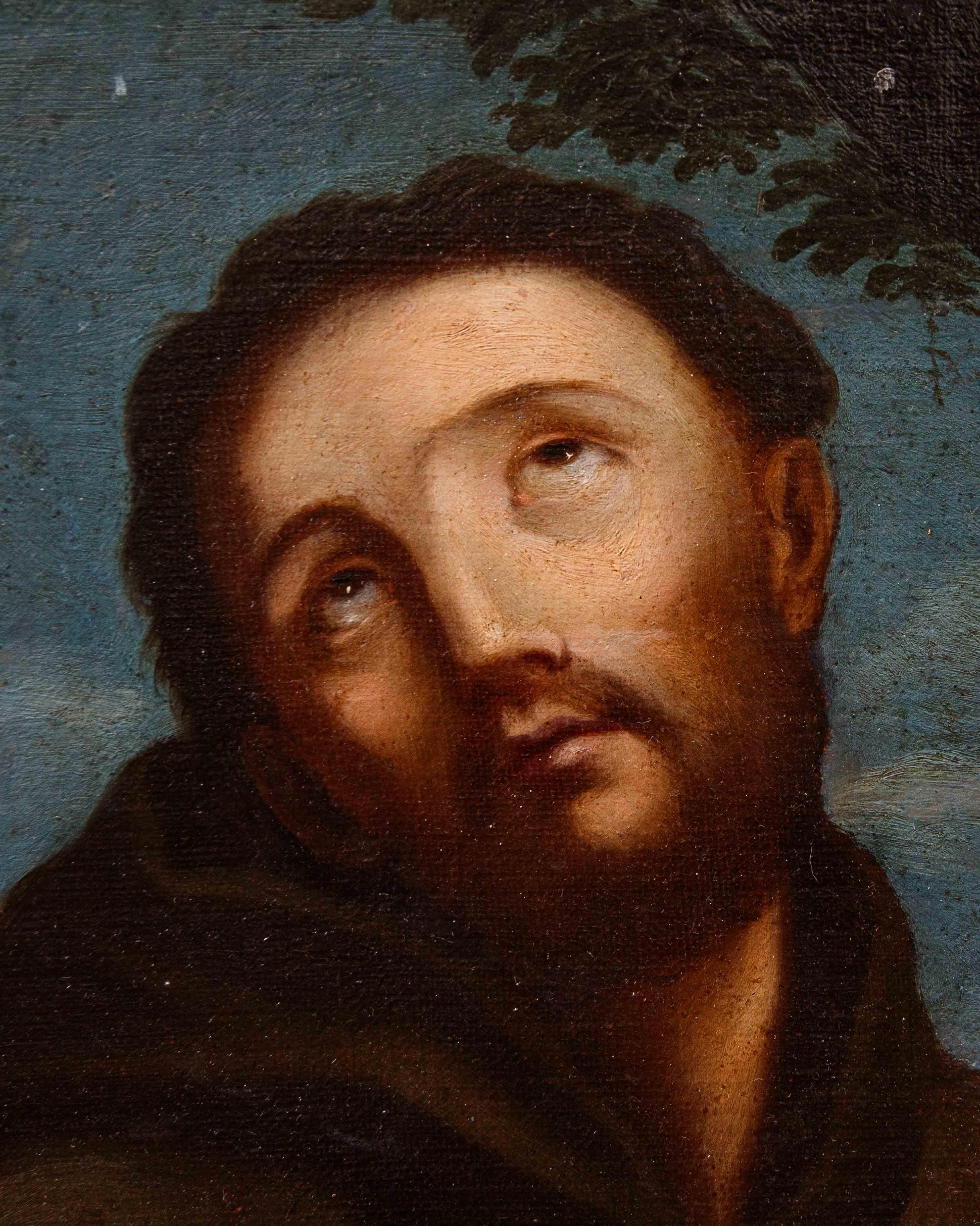 Scuola emiliana, XVII secolo

San Francesco 

Olio su tela, cm 73 x 59

Con cornice, cm 83 x 69

Patrono d’Italia, San Francesco (Giovanni di Pietro di Bernardone; Assisi, 1181/1182 - 1226) è il santo per eccellenza nell’immaginario collettivo