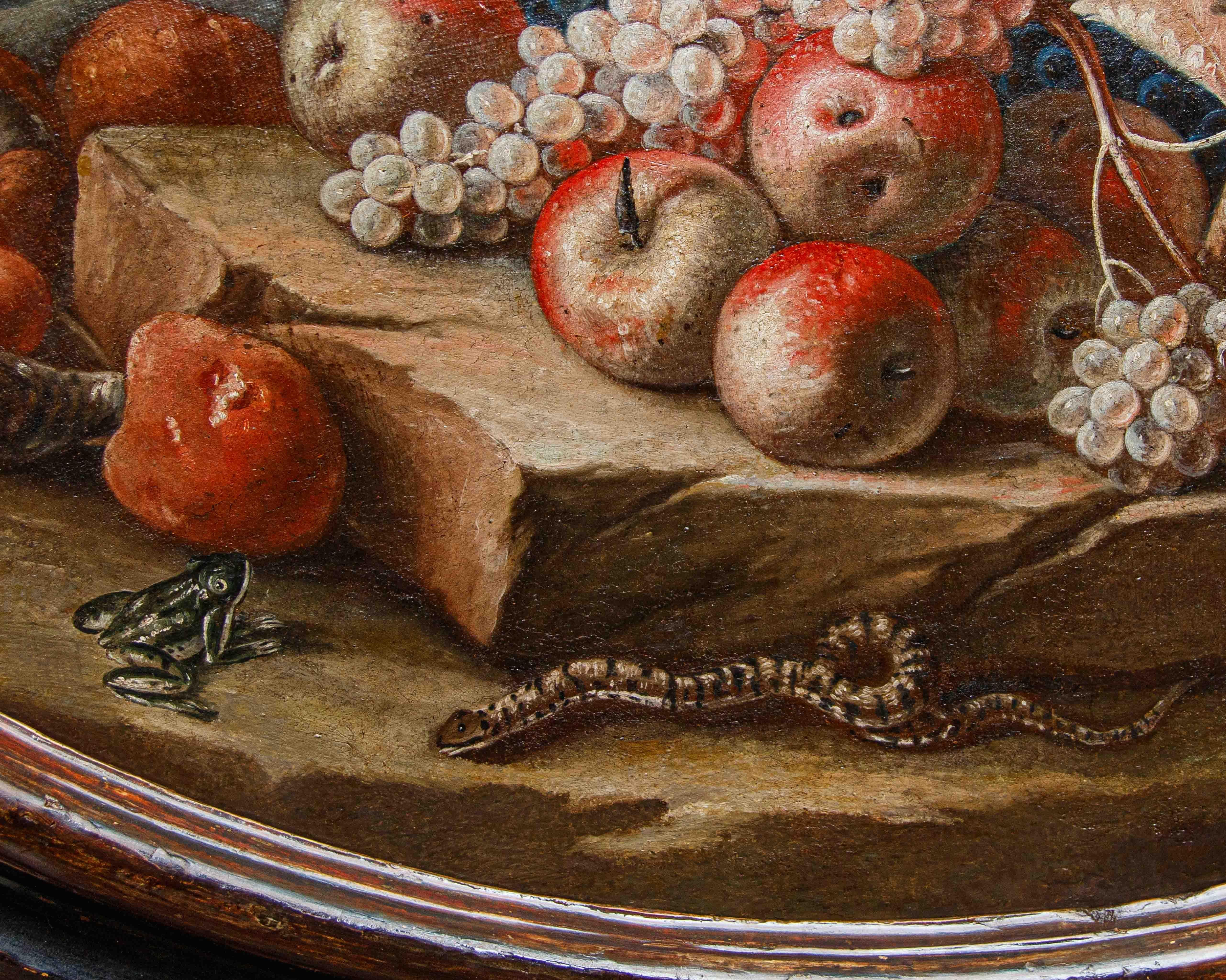 Emilianische Schule, 18. Jahrhundert, Stilleben mit Wiedehopf, Frosch und Schlange (Italian) im Angebot