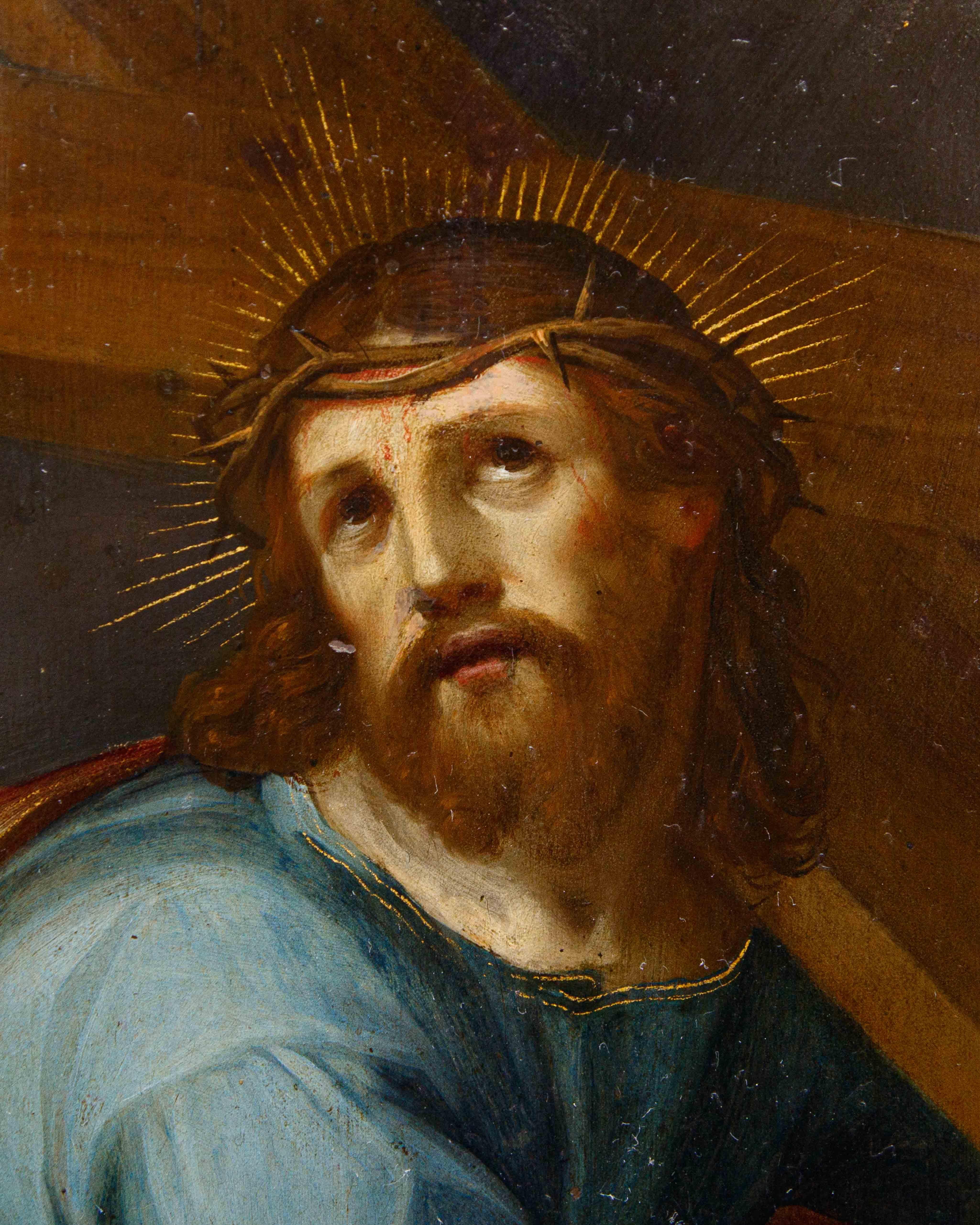 École flamande, fin du XVIe siècle

Le Christ portant la croix

Huile sur cuivre, 24 x 19 cm 

Encadré, 36 x 30 cm

L'image de ce Christ portant la croix obéit à une solution dévotionnelle d'origine nordique et est particulièrement répandue en