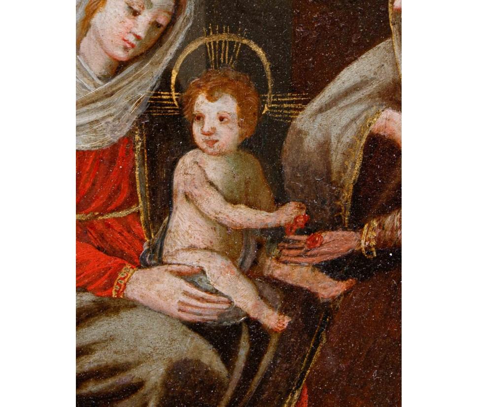 Escuela flamenca, siglo XVI

Santa Ana, la Virgen y el Niño

Óleo sobre cobre, 21 x 16 cm

Con marco de época, 65 x 56 cm

El cuadro representa tres figuras centrales: la Virgen, el Niño Jesús y Santa Ana, dispuestas en un escenario que sugiere un