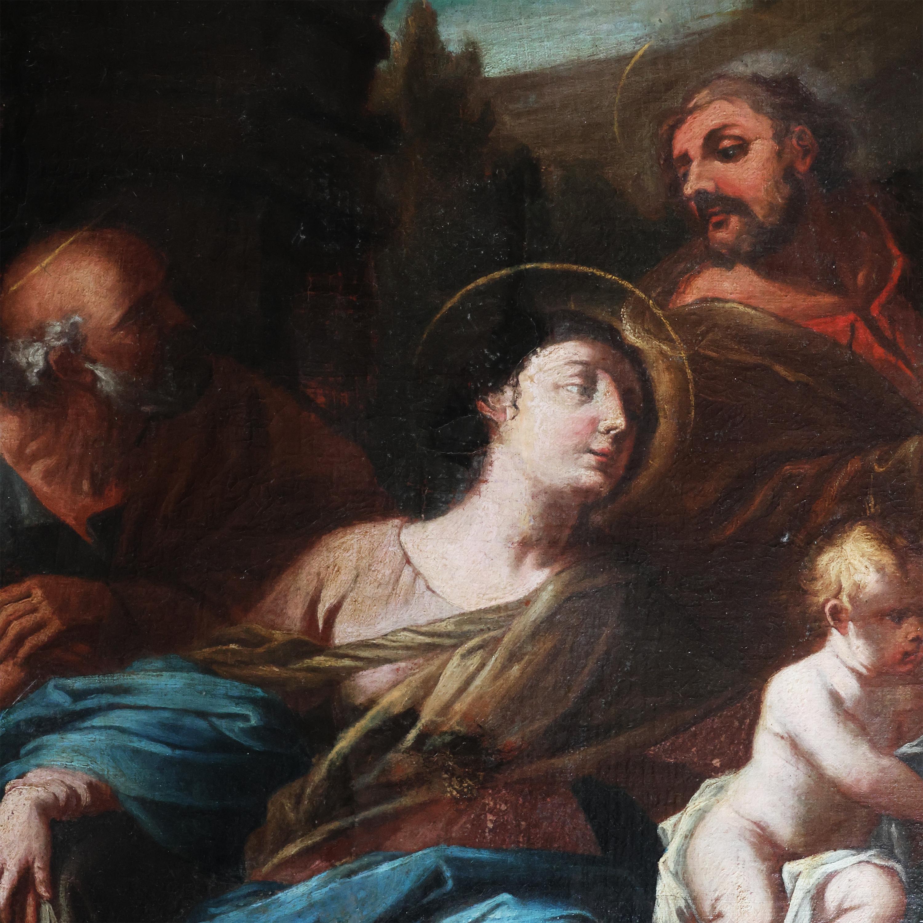 Beschreibung
Heilige Familie mit St. Anna
Öl auf Leinwand
cm 75,5x57

In der Mitte kann man deutlich die Jungfrau Maria erkennen, die sitzend mit einem Heiligenschein auf das Jesuskind blickt, das von einer anderen älteren Frau gehalten wird;