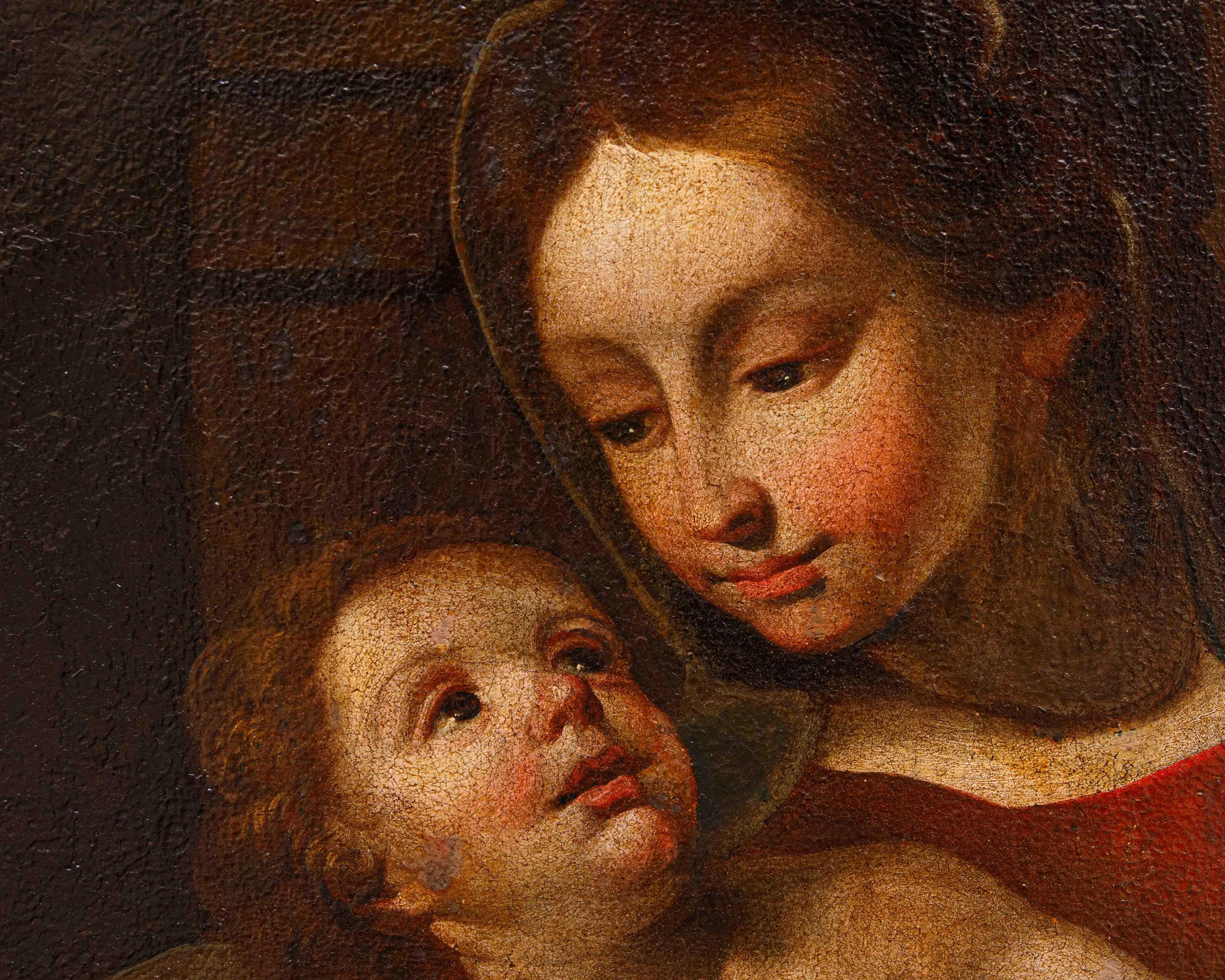 Scuola italiana, XVII secolo

Madonna con il Bambino e San Giovannino

Olio su tela, cm 86 x 99

Con cornice, cm 113 x 93

Il dipinto seicentesco presenta la Vergine intenta a presentare il Divin Figlio al piccolo san Giovannino, presentato con i
