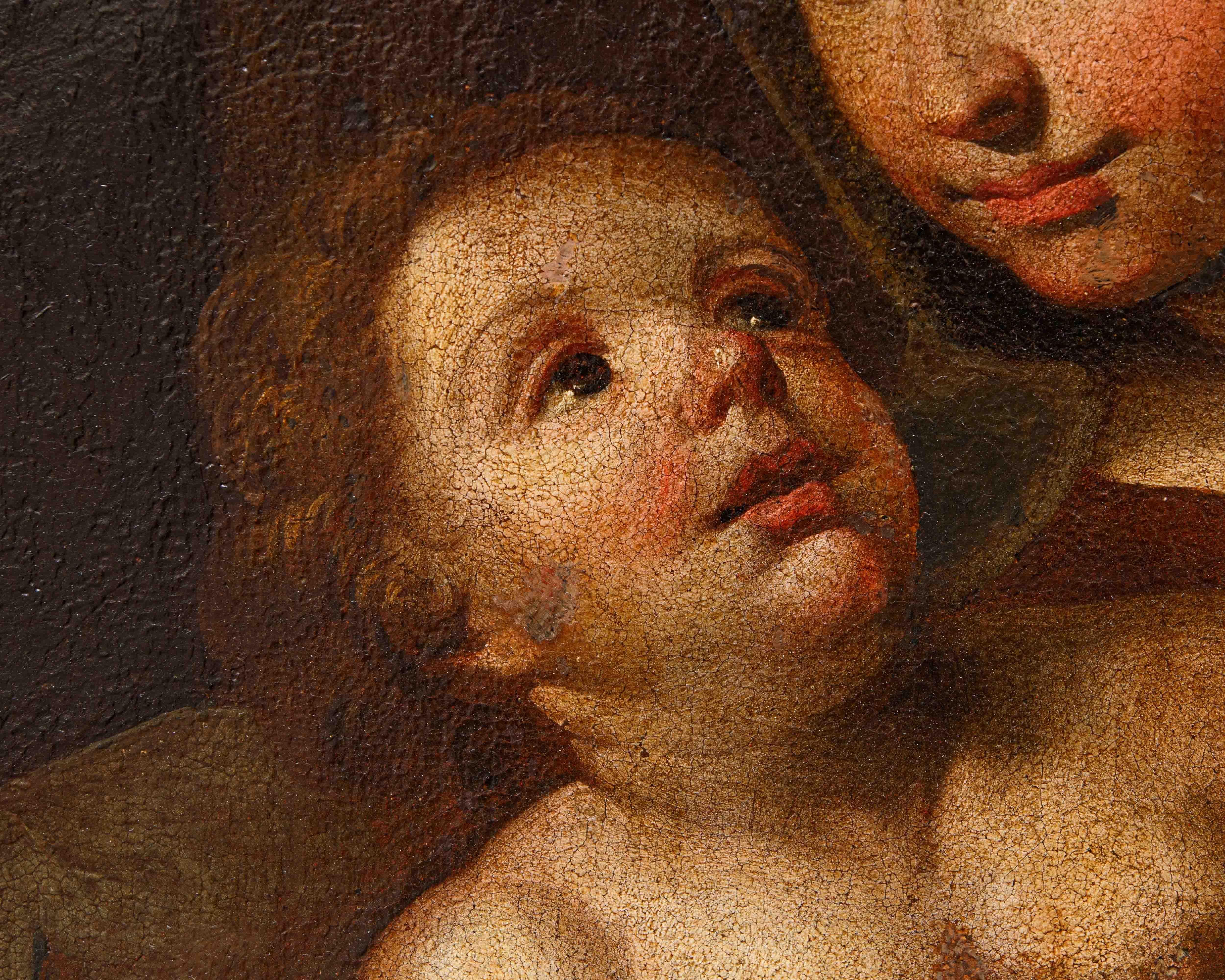 A olio Scuola italiana, XVII secolo, Madonna con il Bambino e San Giovannino in vendita