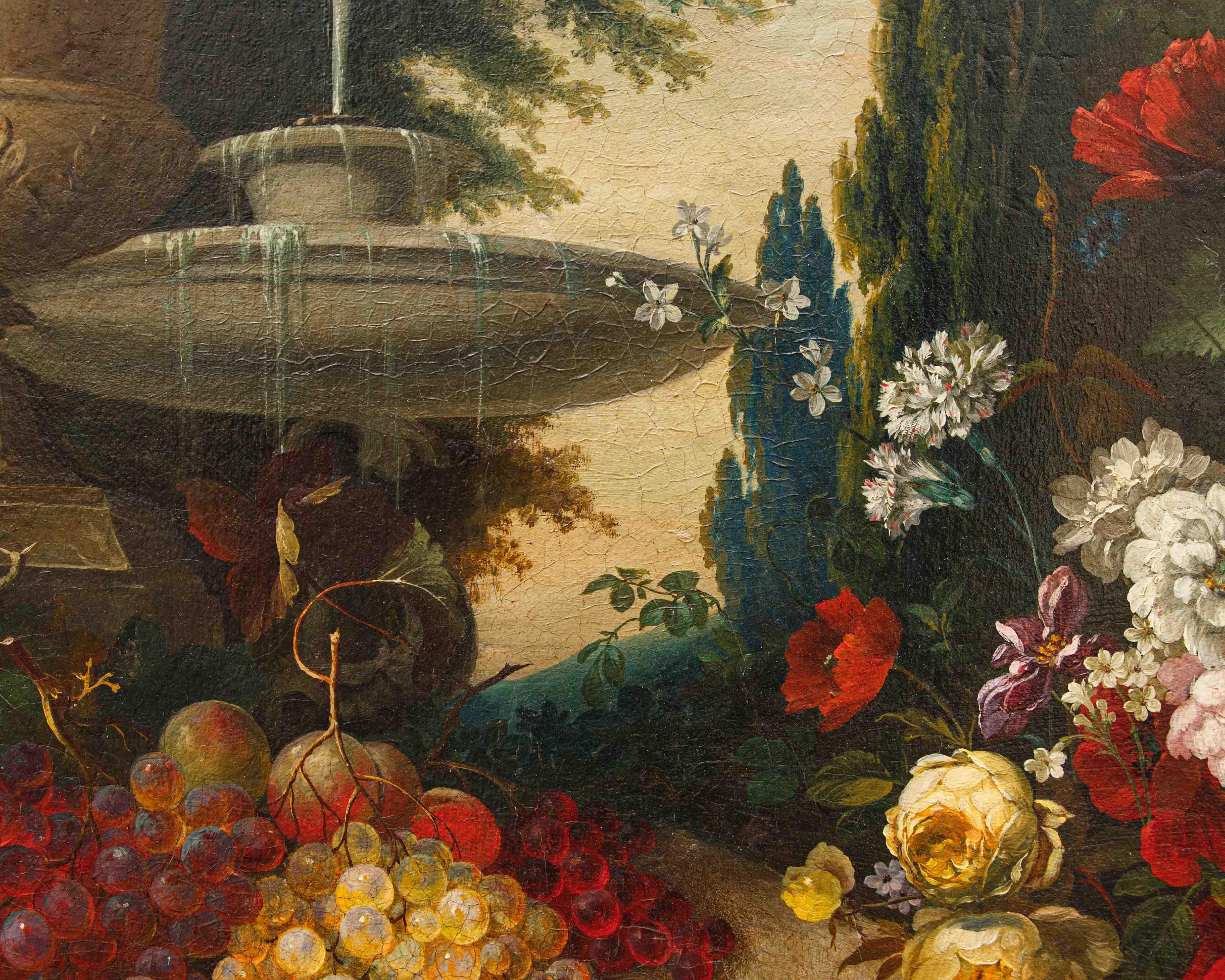 Scuola lombarda, XIX secolo, Composizione di fiori, frutta e fontana in vendita 3