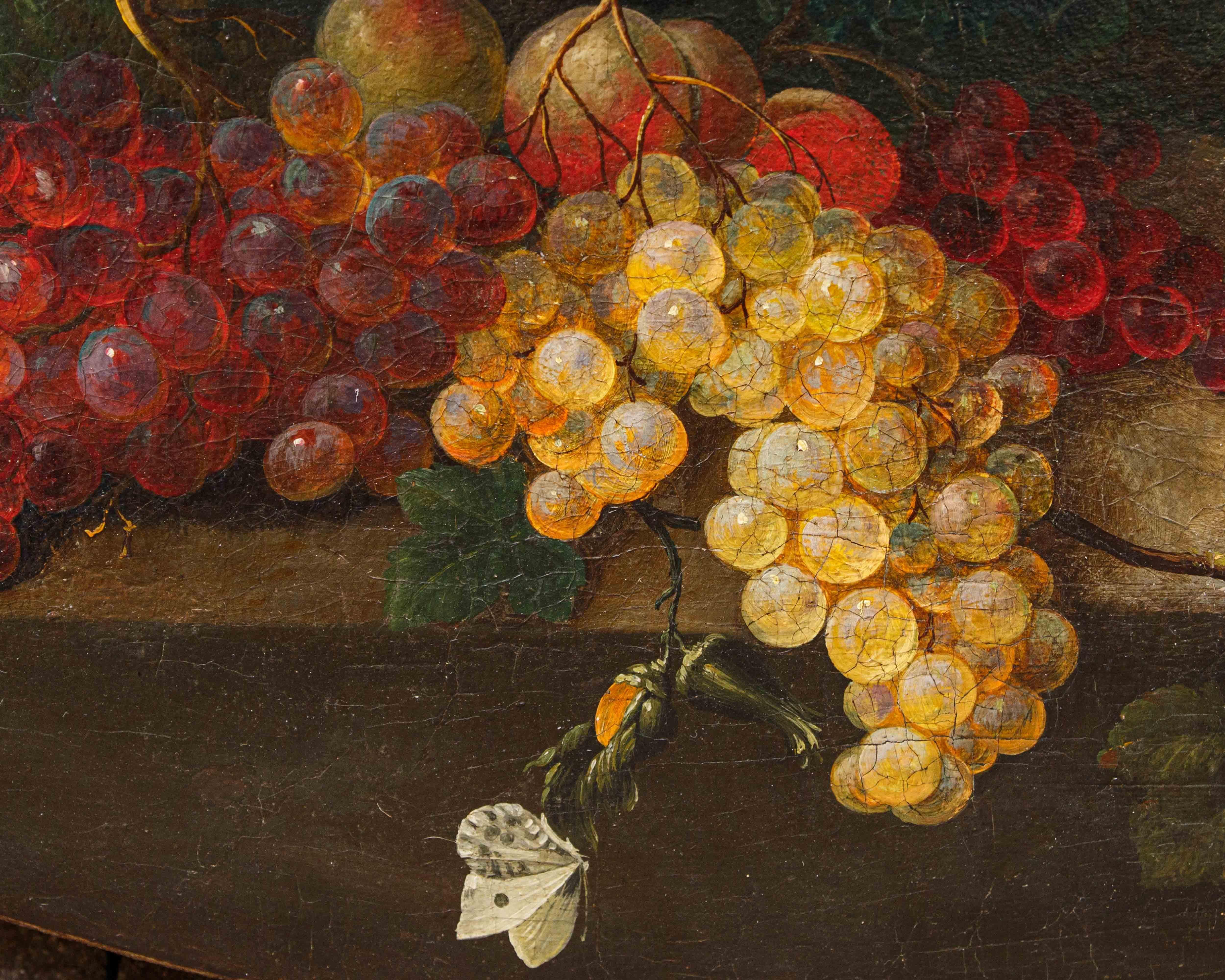 Scuola lombarda, XIX secolo, Composizione di fiori, frutta e fontana in vendita 5