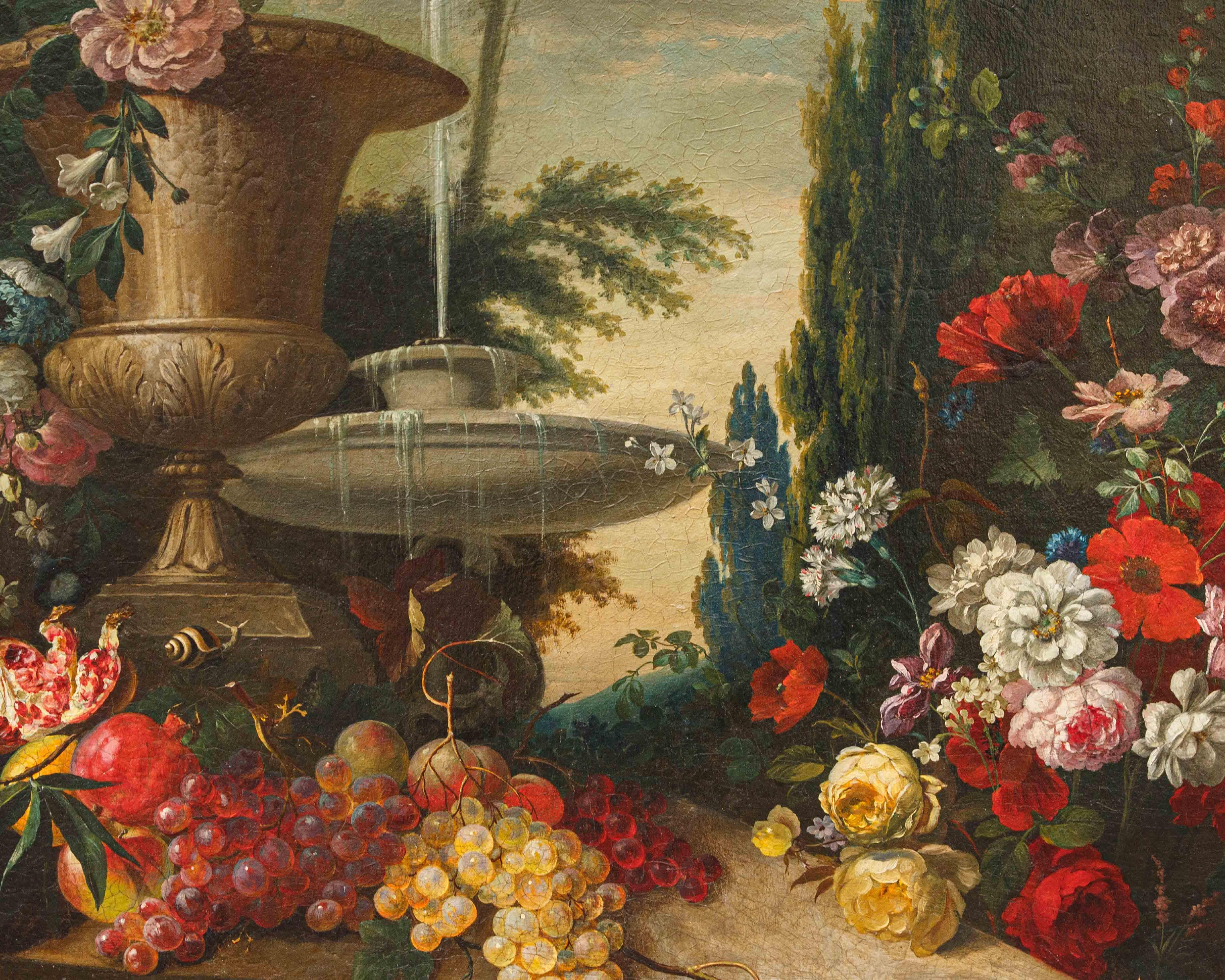Scuola lombarda, XIX secolo, Composizione di fiori, frutta e fontana in vendita 7