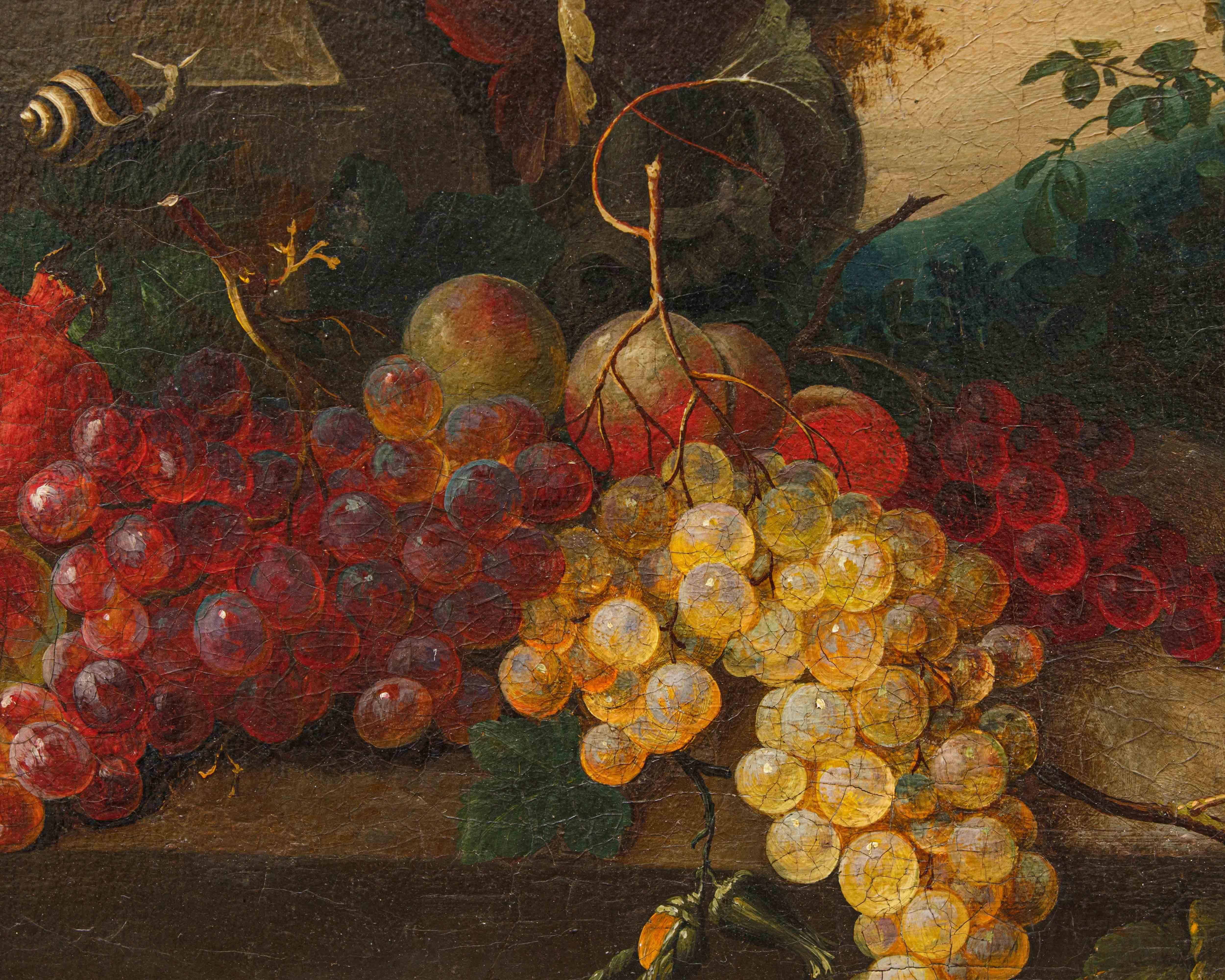 Scuola lombarda, XIX secolo

Composizione di fiori, frutta e fontana

Olio su tela, 76 x 101

La tela ovale di notevoli dimensioni rappresenta una natura morta composta da un tripudio di fiori e di frutti disposti disordinatamente sun piedistallo in