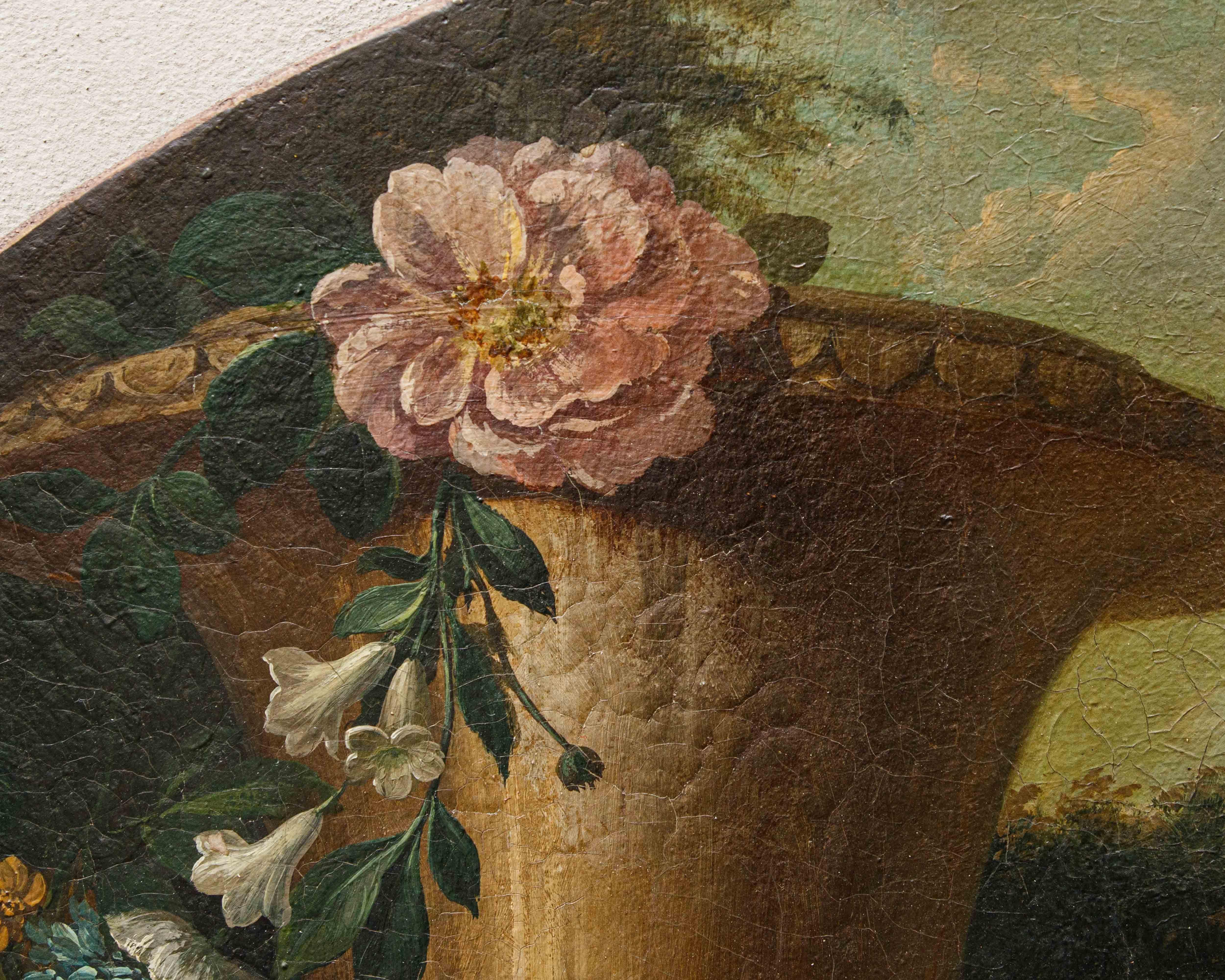 Italian Scuola lombarda, XIX secolo, Composizione di fiori, frutta e fontana in vendita