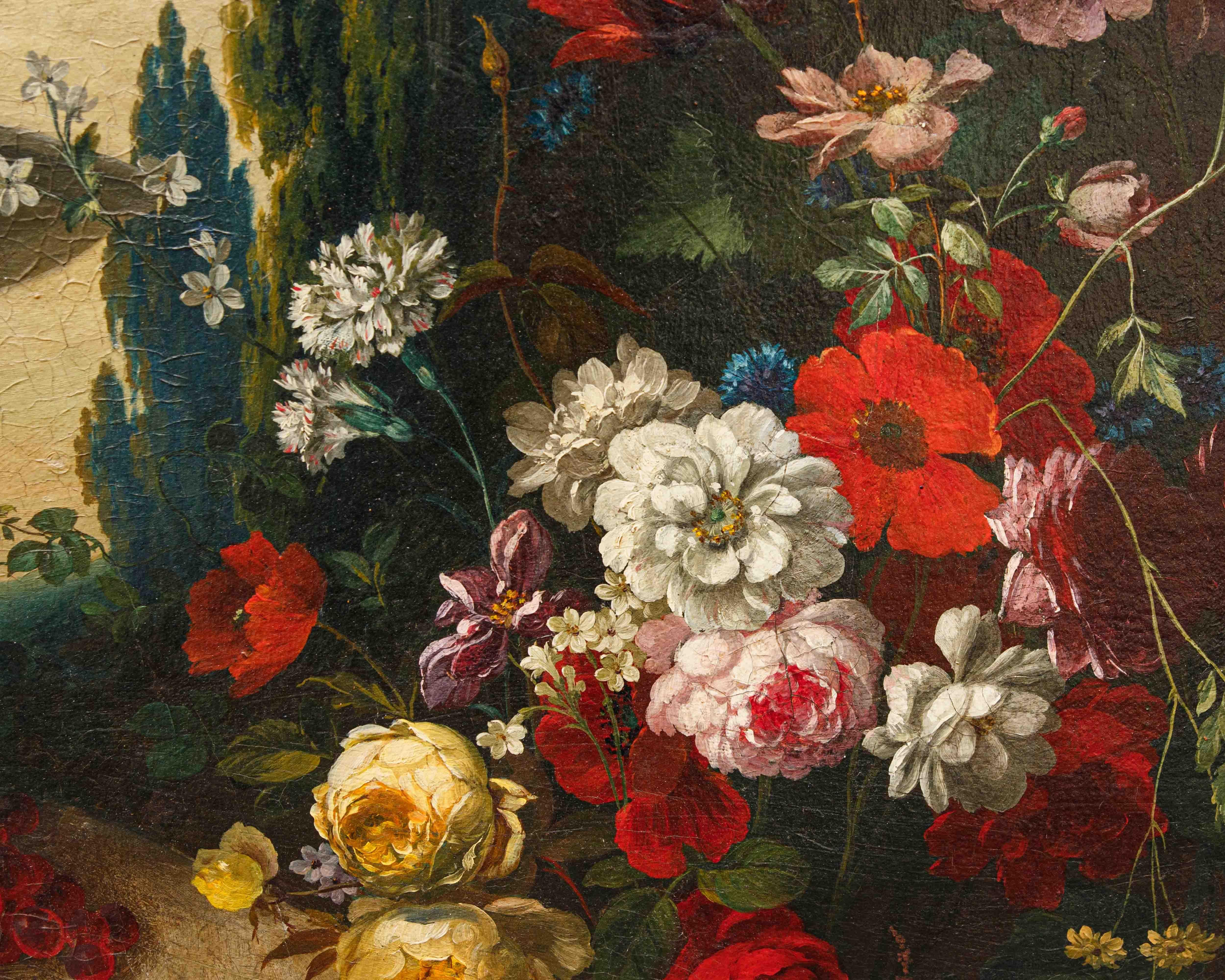 Scuola lombarda, XIX secolo, Composizione di fiori, frutta e fontana In condizioni buone in vendita a Milan, IT