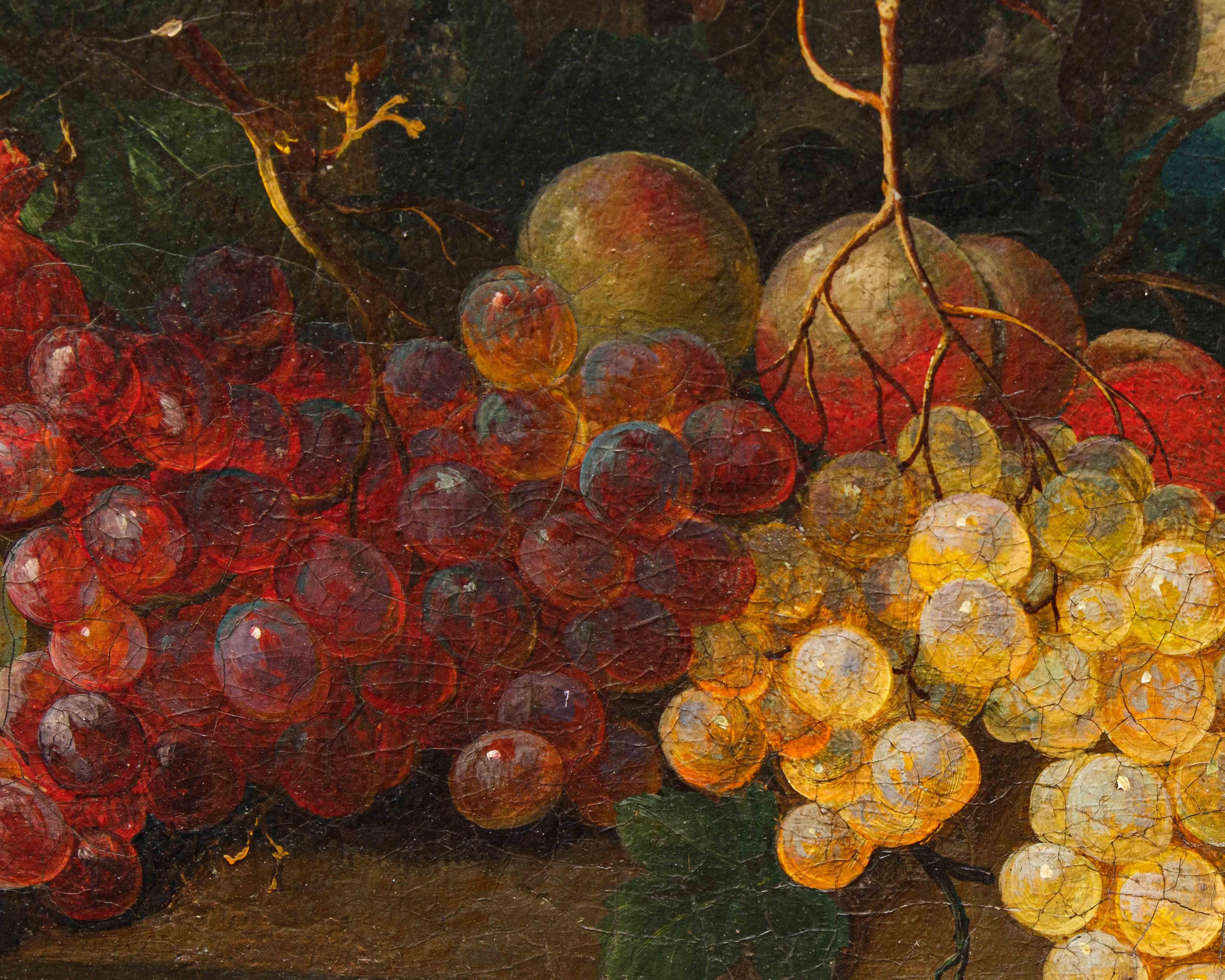 Tela Scuola lombarda, XIX secolo, Composizione di fiori, frutta e fontana in vendita