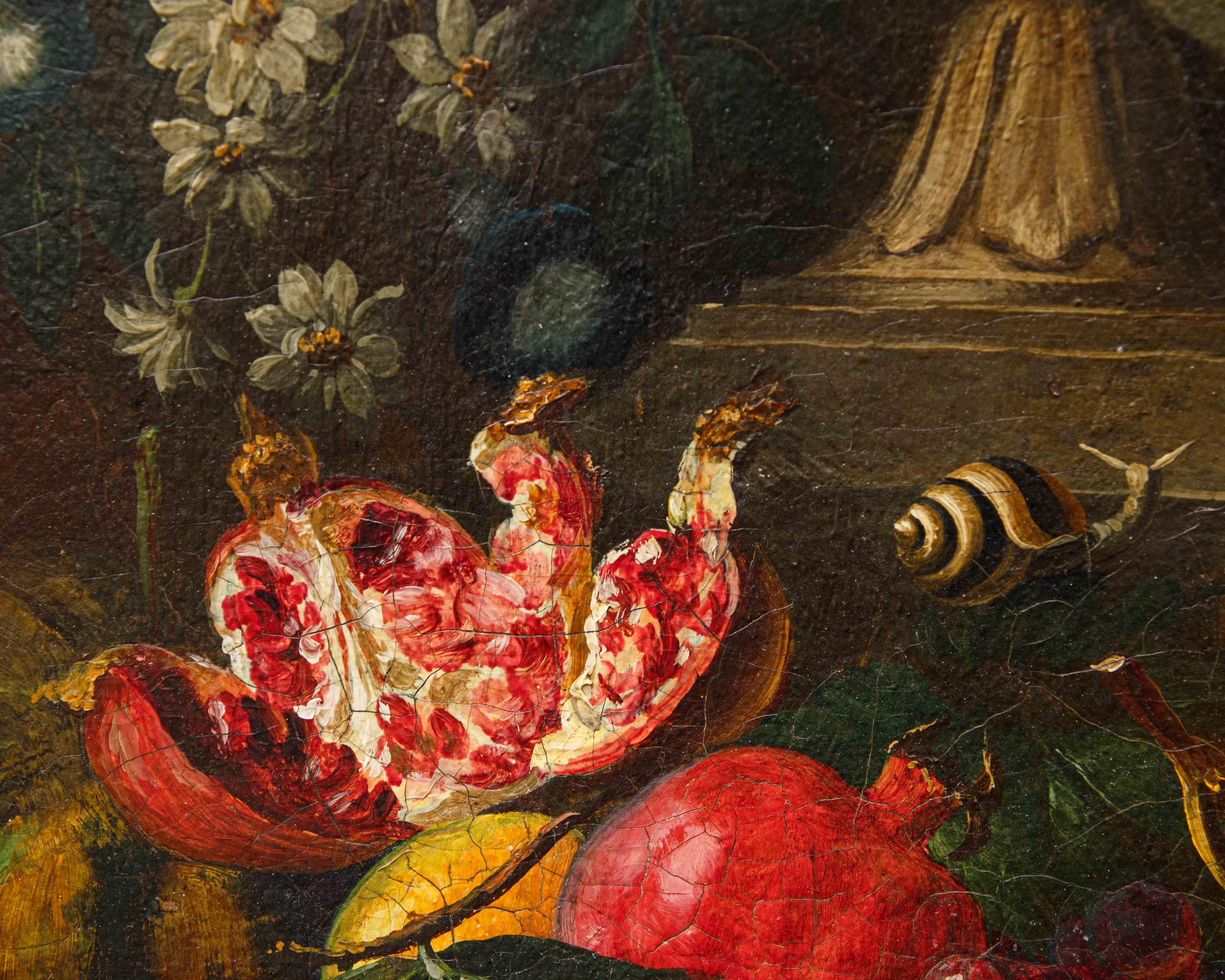 Scuola lombarda, XIX secolo, Composizione di fiori, frutta e fontana in vendita 1