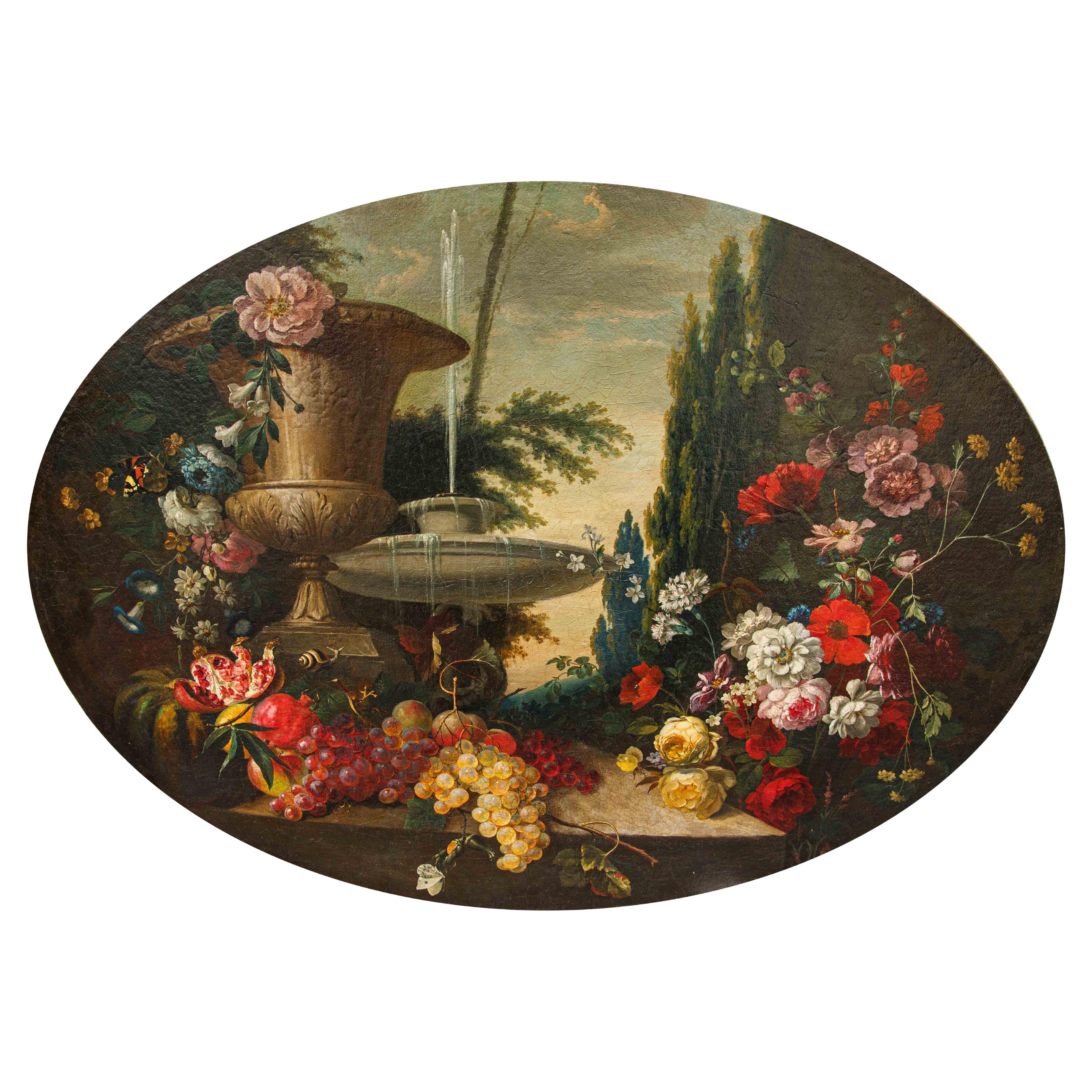 Scuola lombarda, XIX secolo, Composizione di fiori, frutta e fontana in vendita