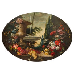 Scuola lombarda, XIX secolo, Composizione di fiori, frutta e fontana
