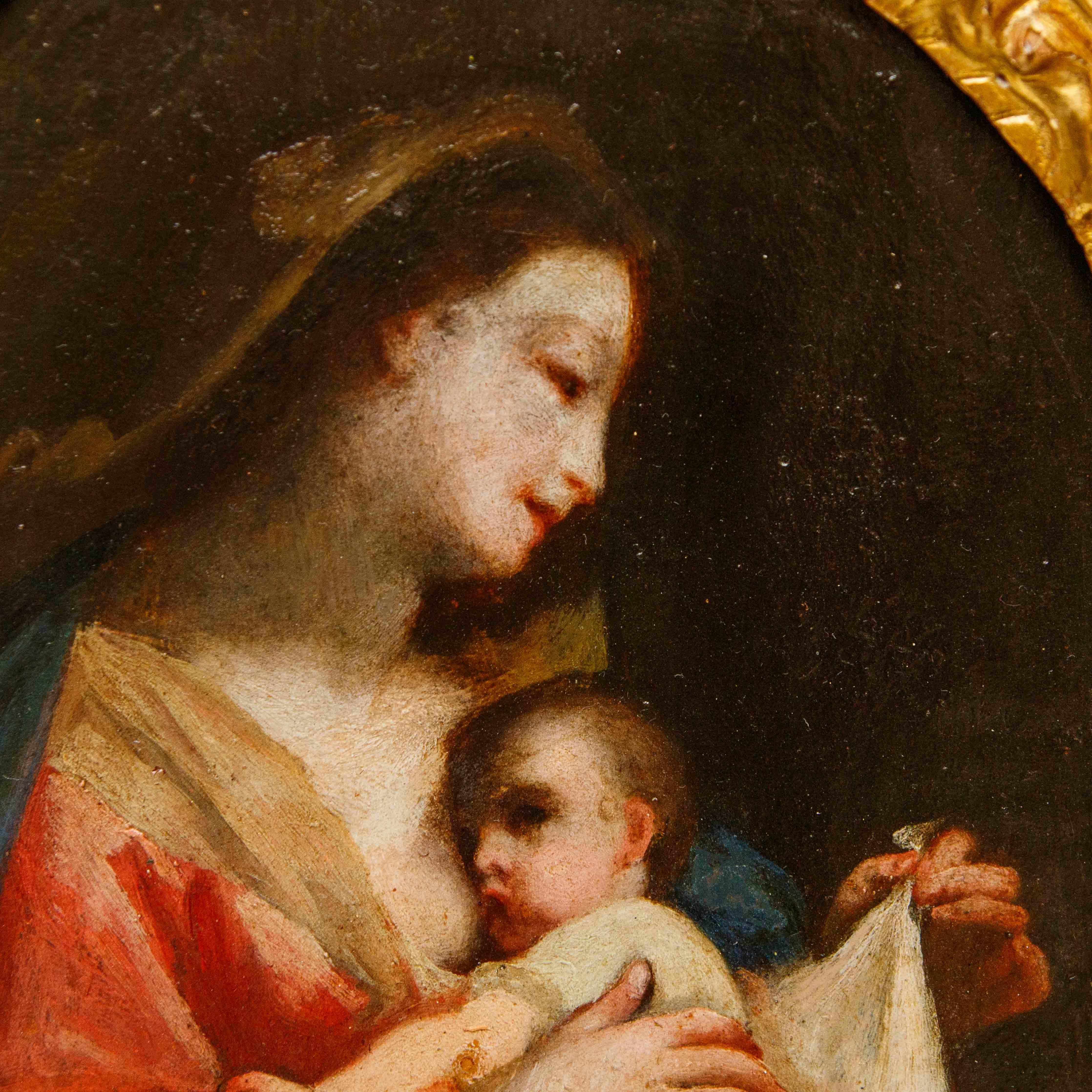 Escuela mantuana, siglo XVIII

La Virgen amamanta al Niño

Óleo sobre tabla, 27,5x22 cm

La dimensión suavemente íntima que sugiere este cuadro subraya el carácter ciertamente privado del encargo. La obra, una Madonna Lactans de fuerte ímpetu