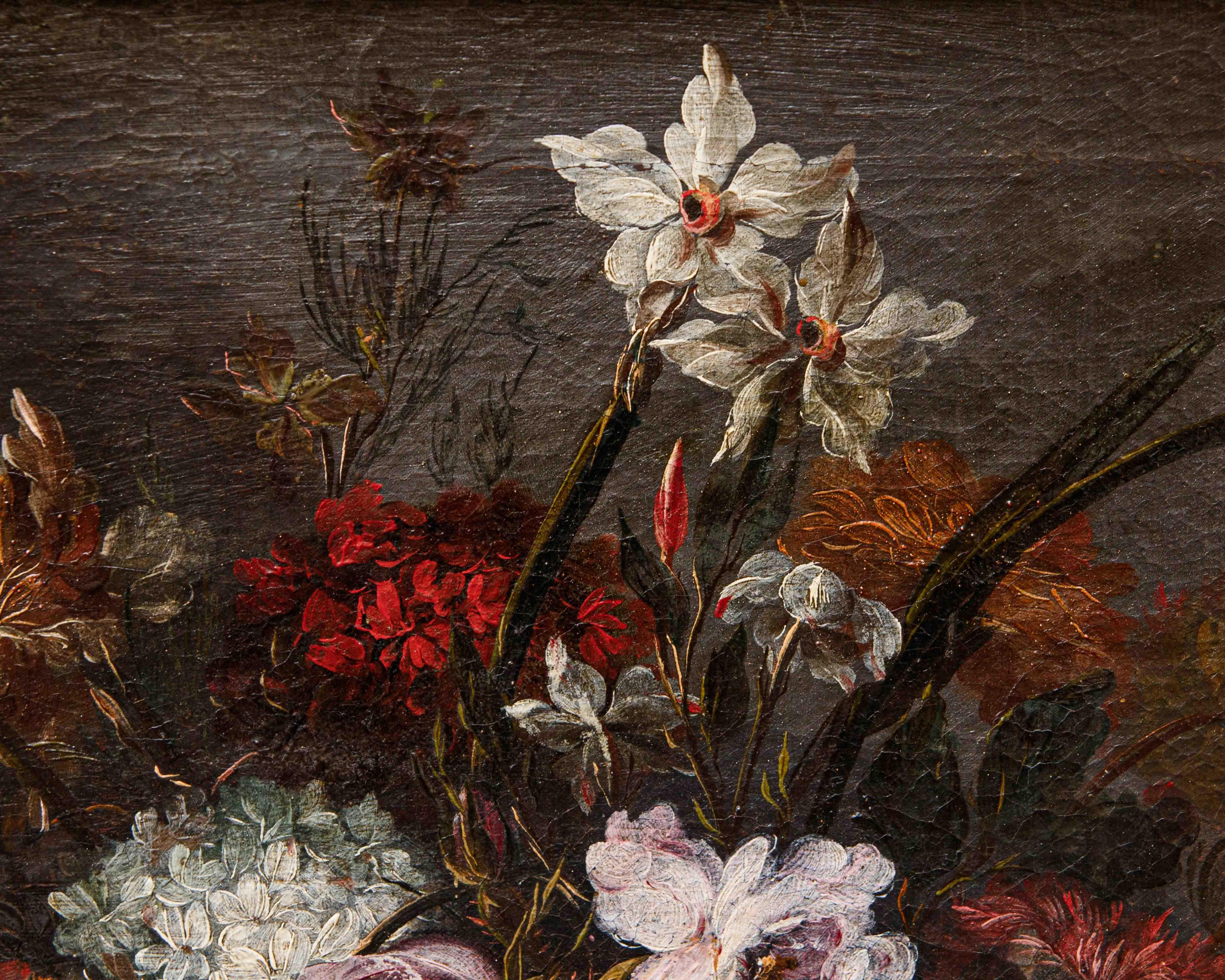 Tela Scuola napoletana, XVIII secolo, Vaso di fiori su base in marmo in vendita