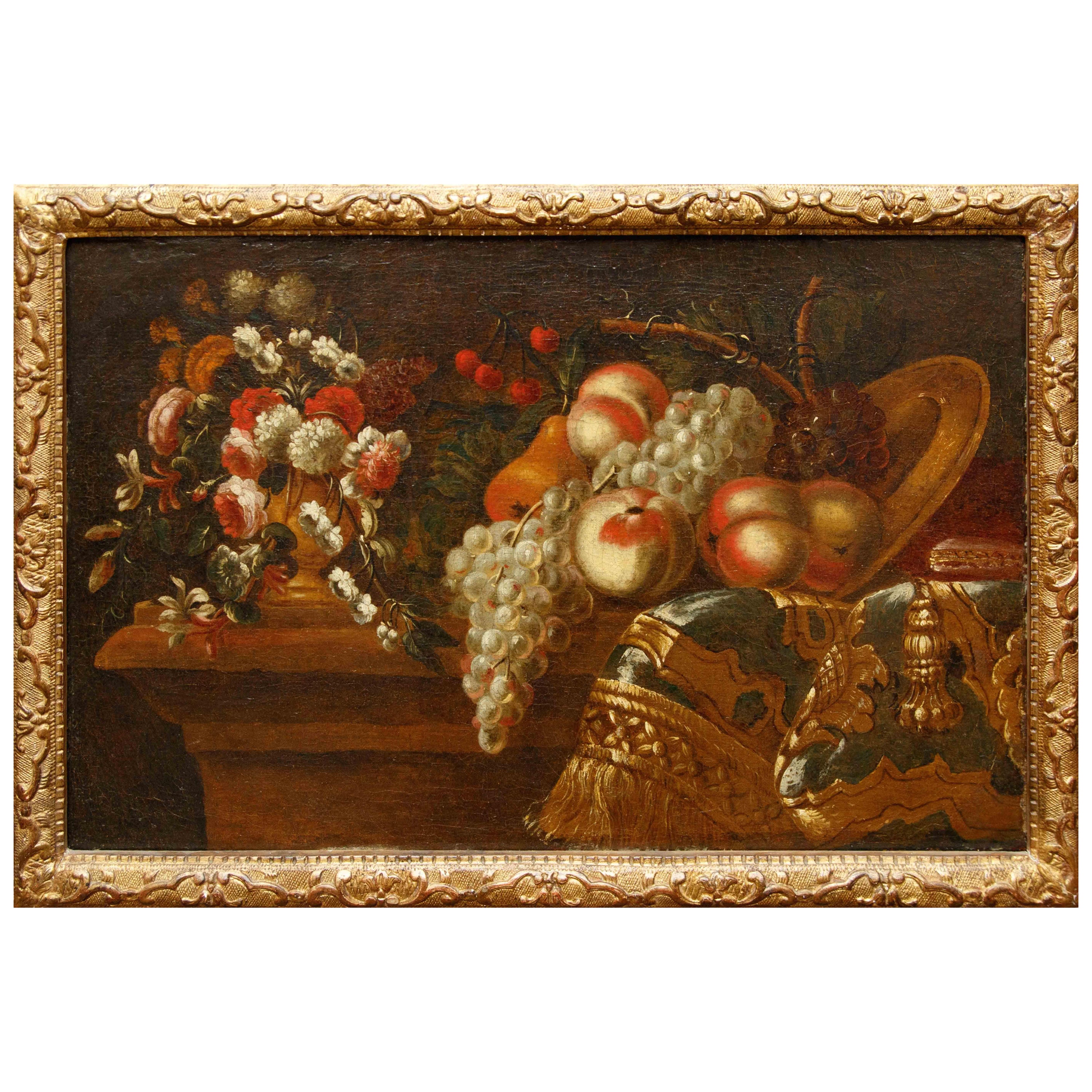 Roman school of the 18th century, Still life with flowers and fruit For Sale