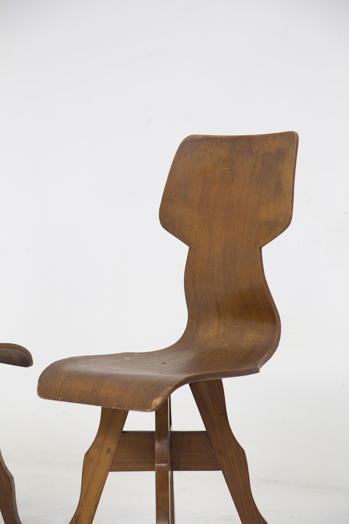 Mid-Century Modern Scuola Torinese Rare Sinuous Chairs in Wood