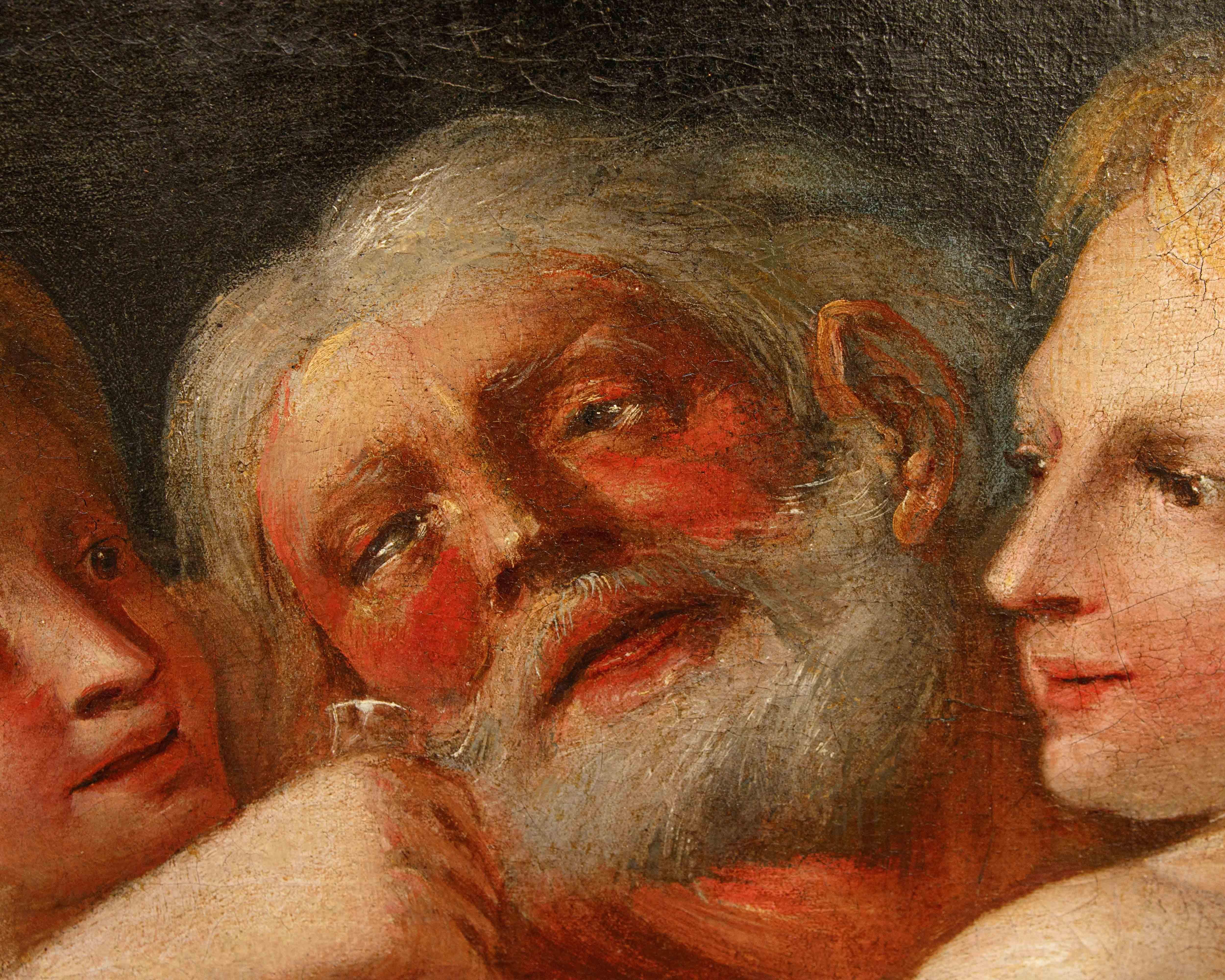 Scuola veneta, metà del XVIII secolo

Loth e le figlie

Olio su tela, cm 43 x 57

Con cornice, cm 70 x 84

La tela in esame raffigura chiaramente Loth e le figlie, protagonisti del racconto narrato nella Genesi (19,30 - 38) e strettamente