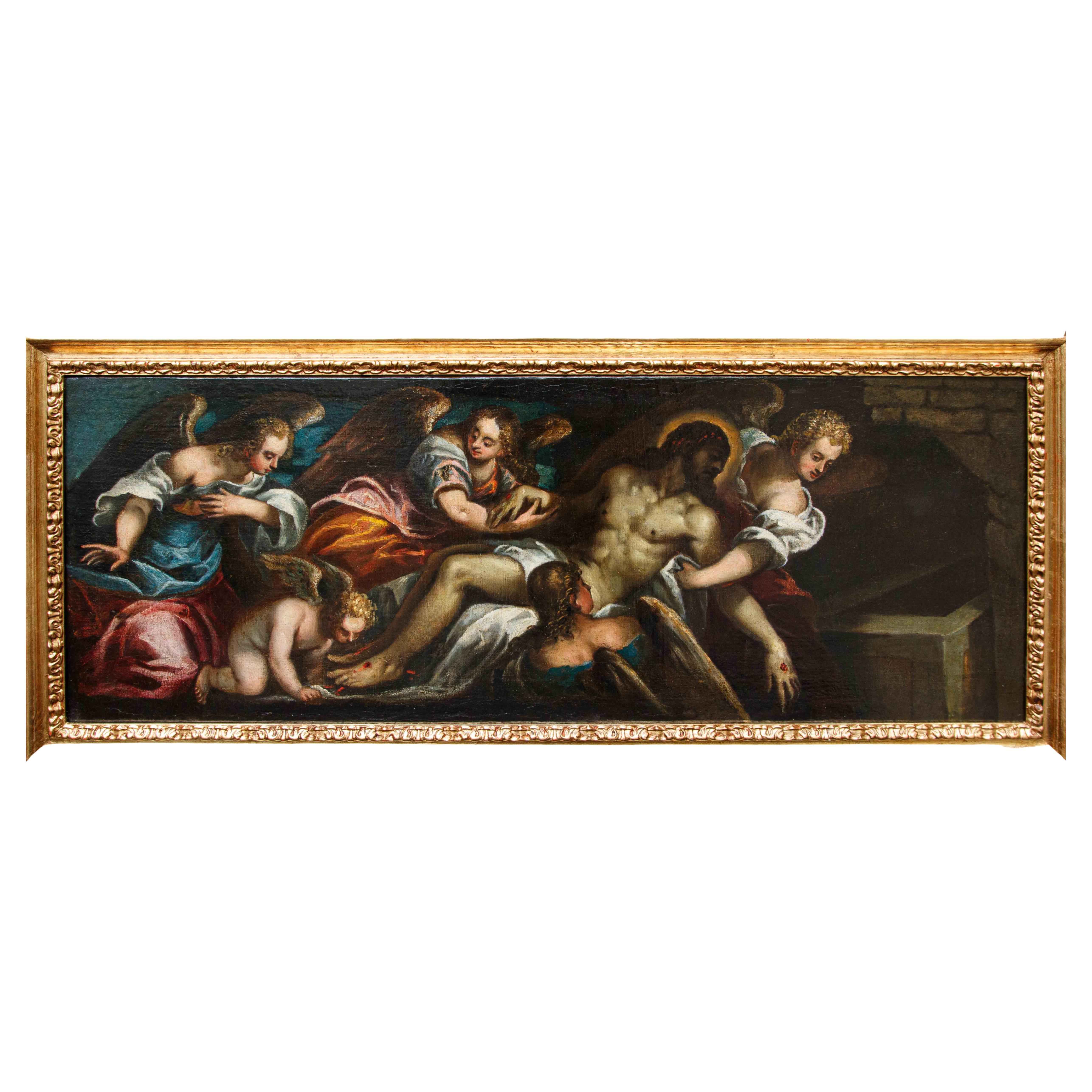 Venetian school, Transport of Christ to the Sepulcher, oil on canvas 17th century For Sale