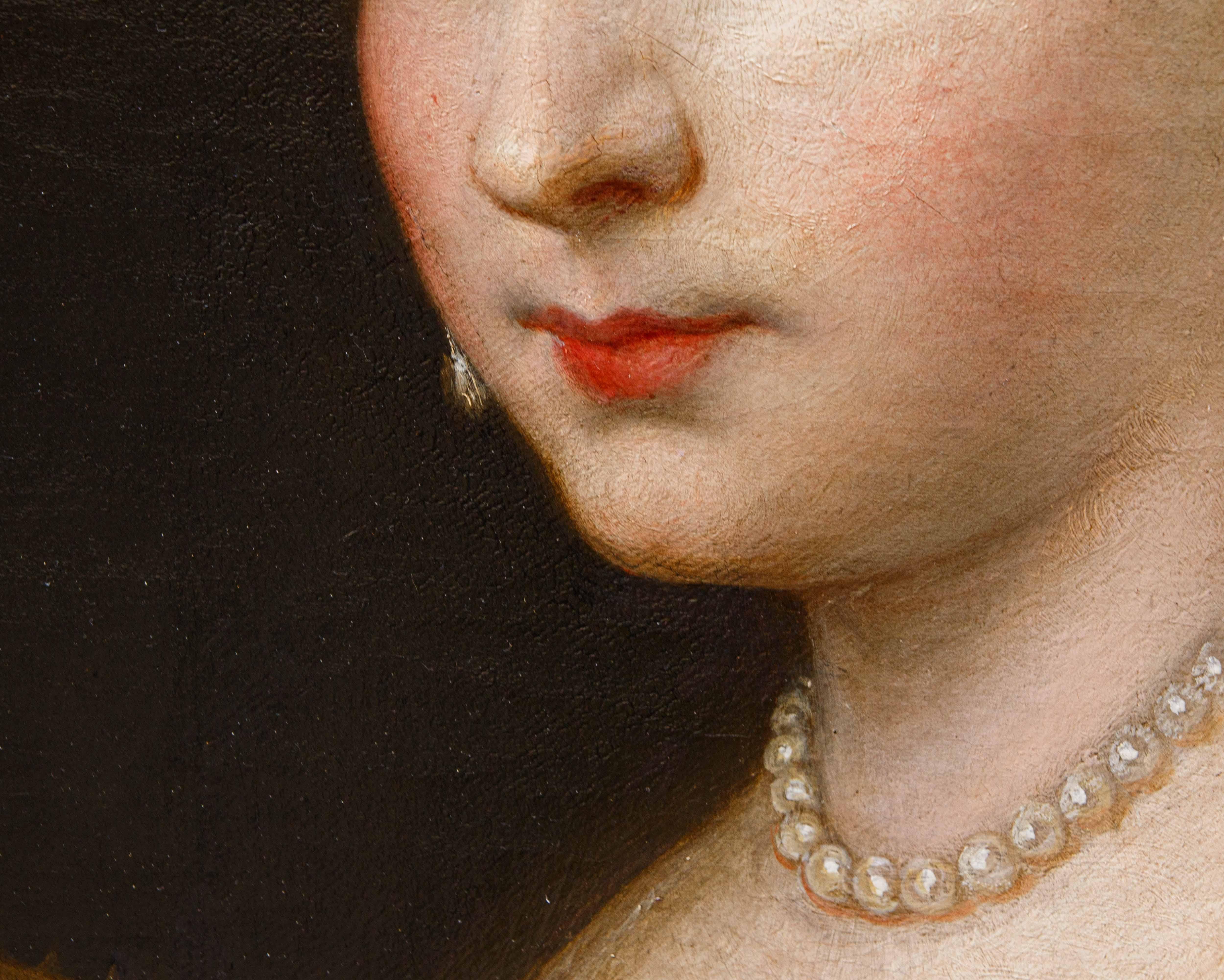 Scuola veneziana, XVIII secolo, Ritratto di gentildonna con ventaglio (Geölt) im Angebot