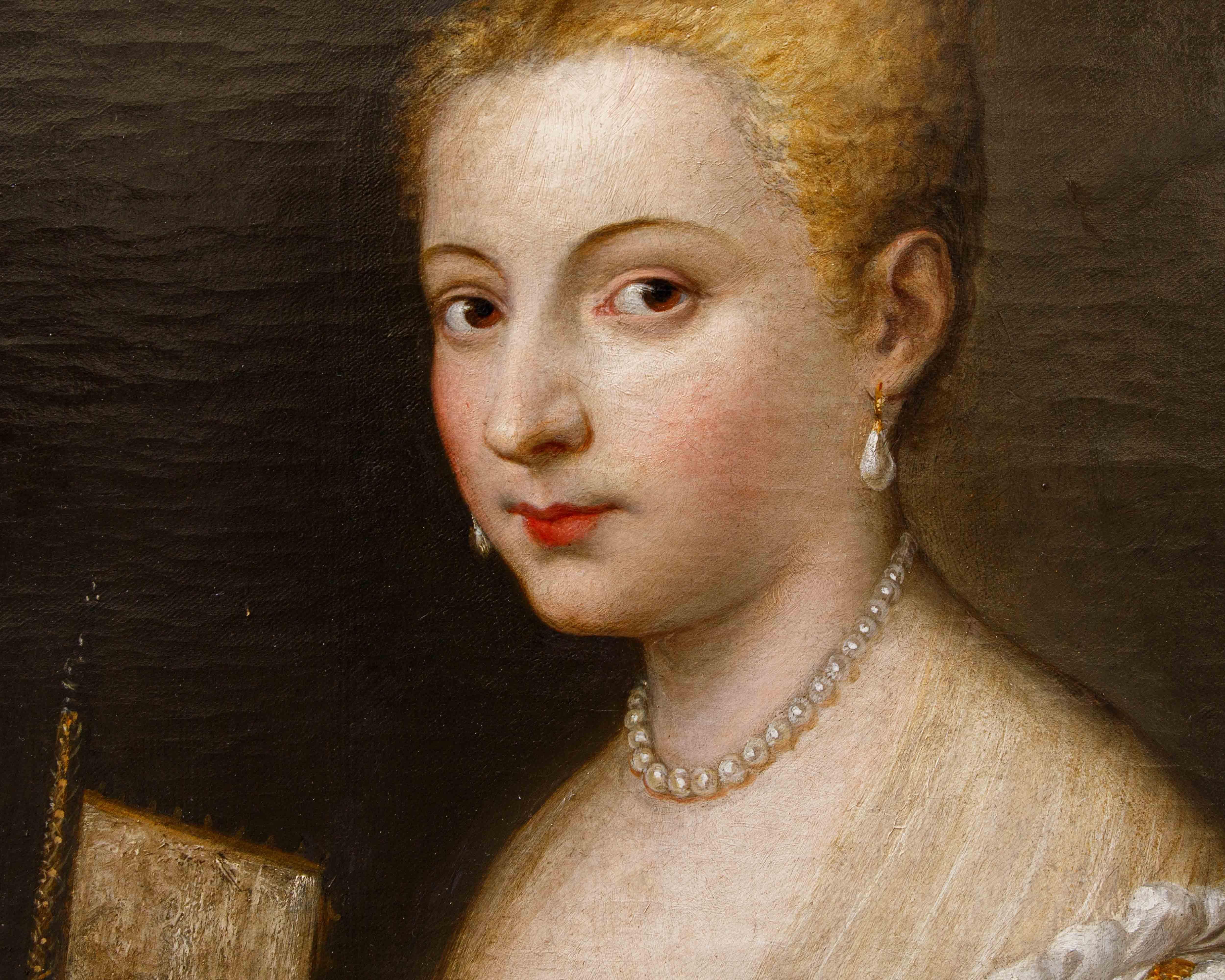 Scuola veneziana, XVIII secolo, Ritratto di gentildonna con ventaglio (Leinwand) im Angebot