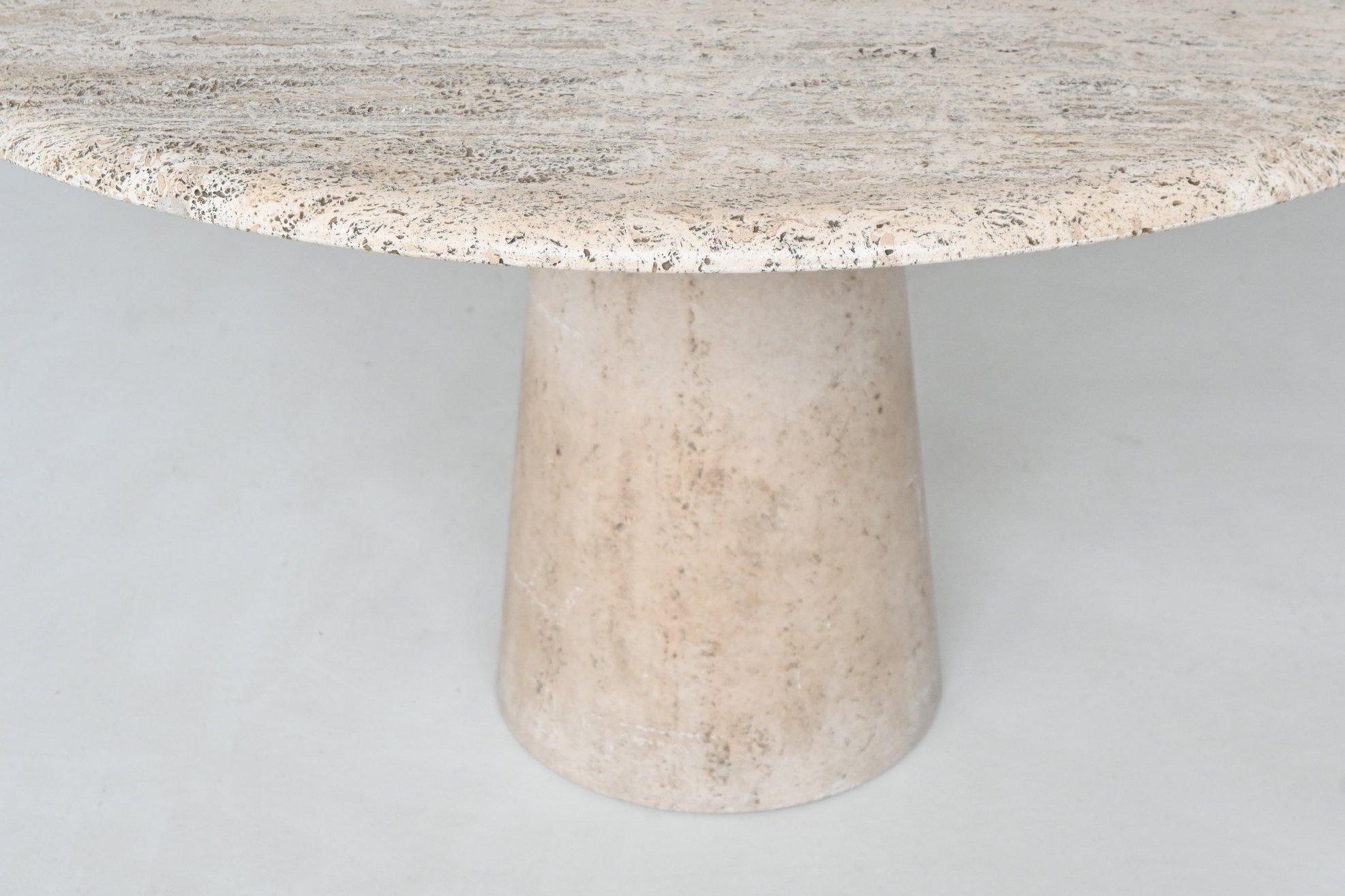 Italian Scuptural large round dining table cream white travertine Italy 1970 For Sale