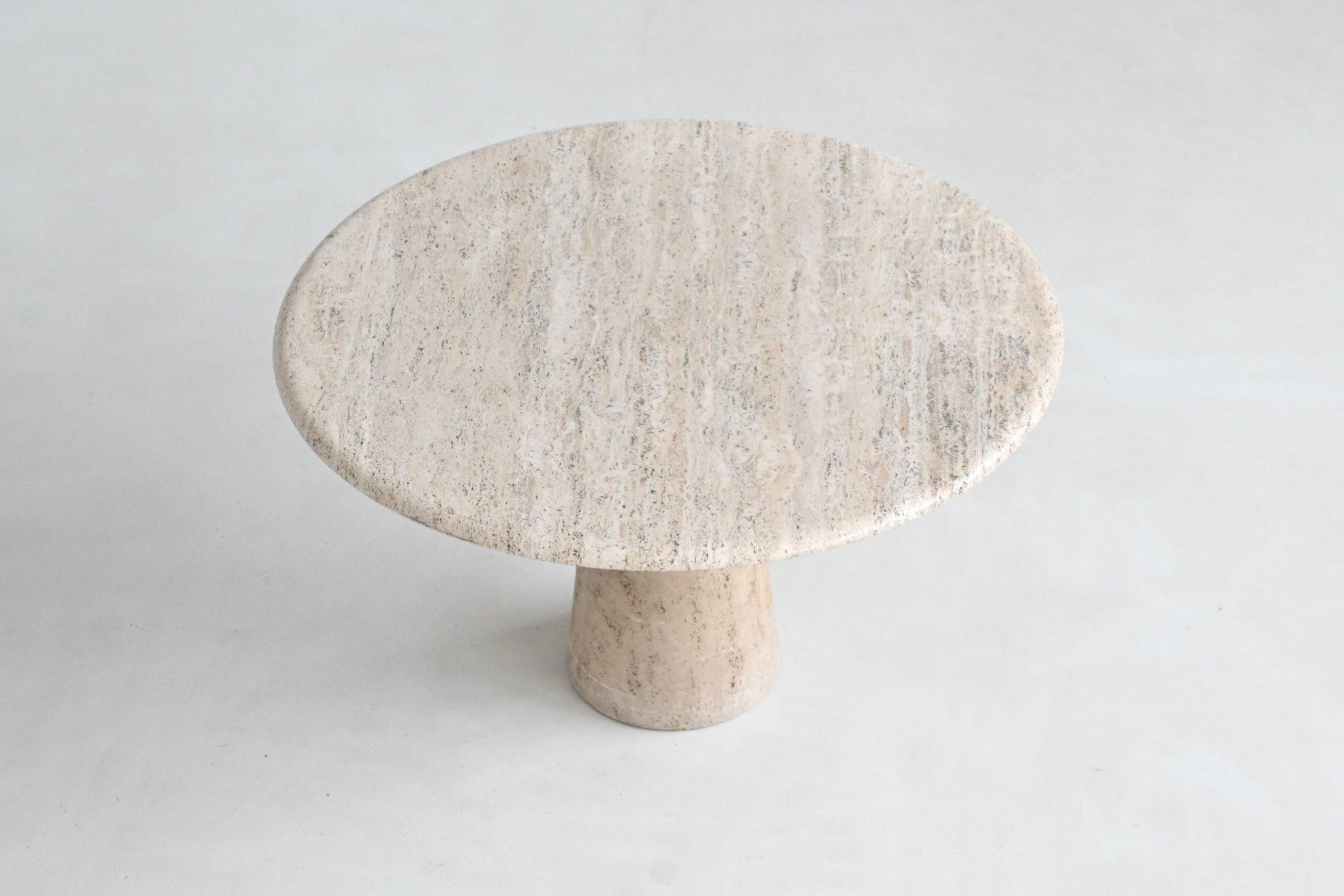 Travertine Scuptural large round dining table cream white travertine Italy 1970 For Sale