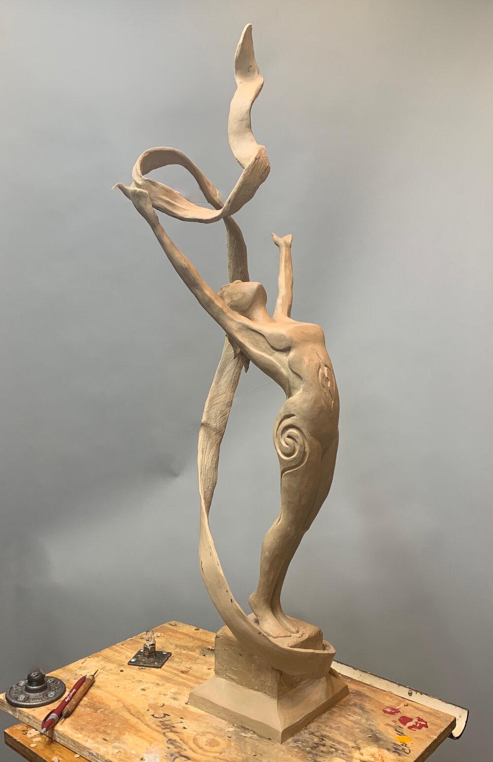 „RISE“ CARVED INTO THE SIDES ARE THE ANCIENT SYMBOLS OF LIFE'S JOURNEY NUDE  – Sculpture von Scy