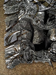 Décoration murale Broderie de soie fine et de fils métalliques dans un cadre en Wood Wood noir