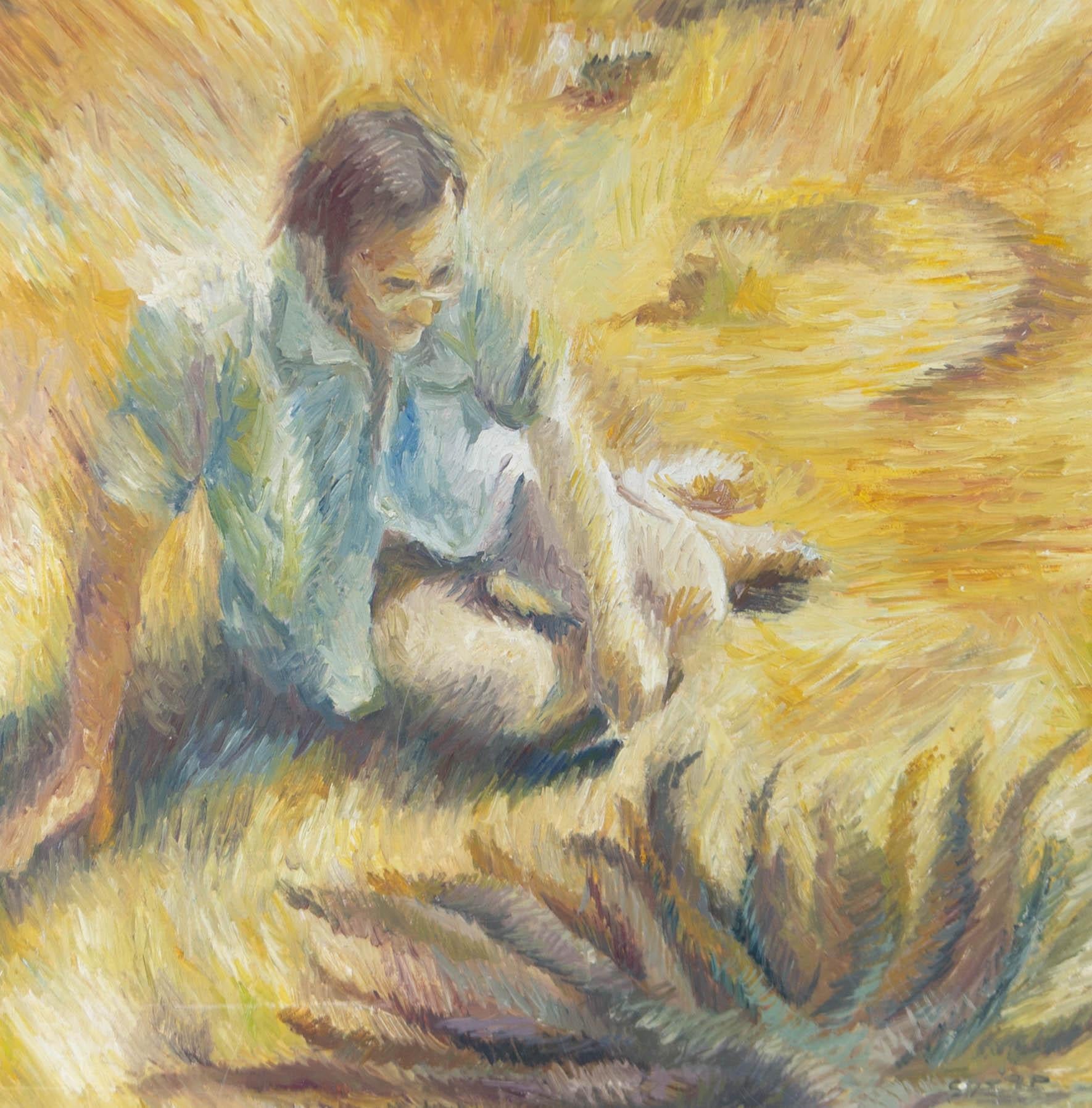 A vibrant oil painting with clear Impressionist influences, depicting a seated man amongst tall grass. Monogrammed and dated to the lower right-hand corner. Presented in a gilt effect frame, as shown. On board.
