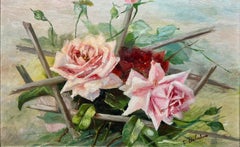 Vintage French Signed Oil Painting Sprig of Roses in a Natural Setting