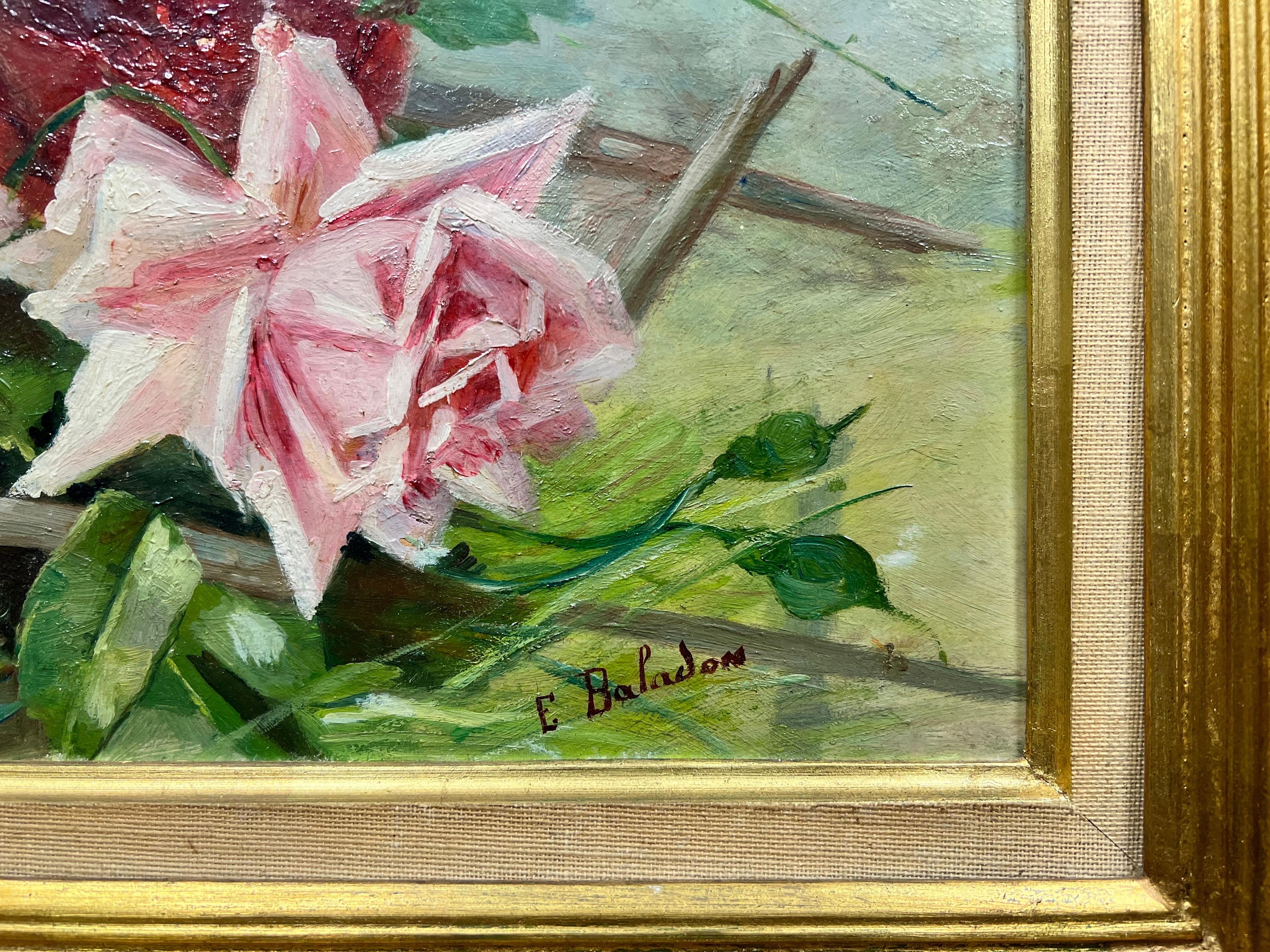 Vintage French Signed Oil Painting Sprig of Roses in a Natural Setting For Sale 2
