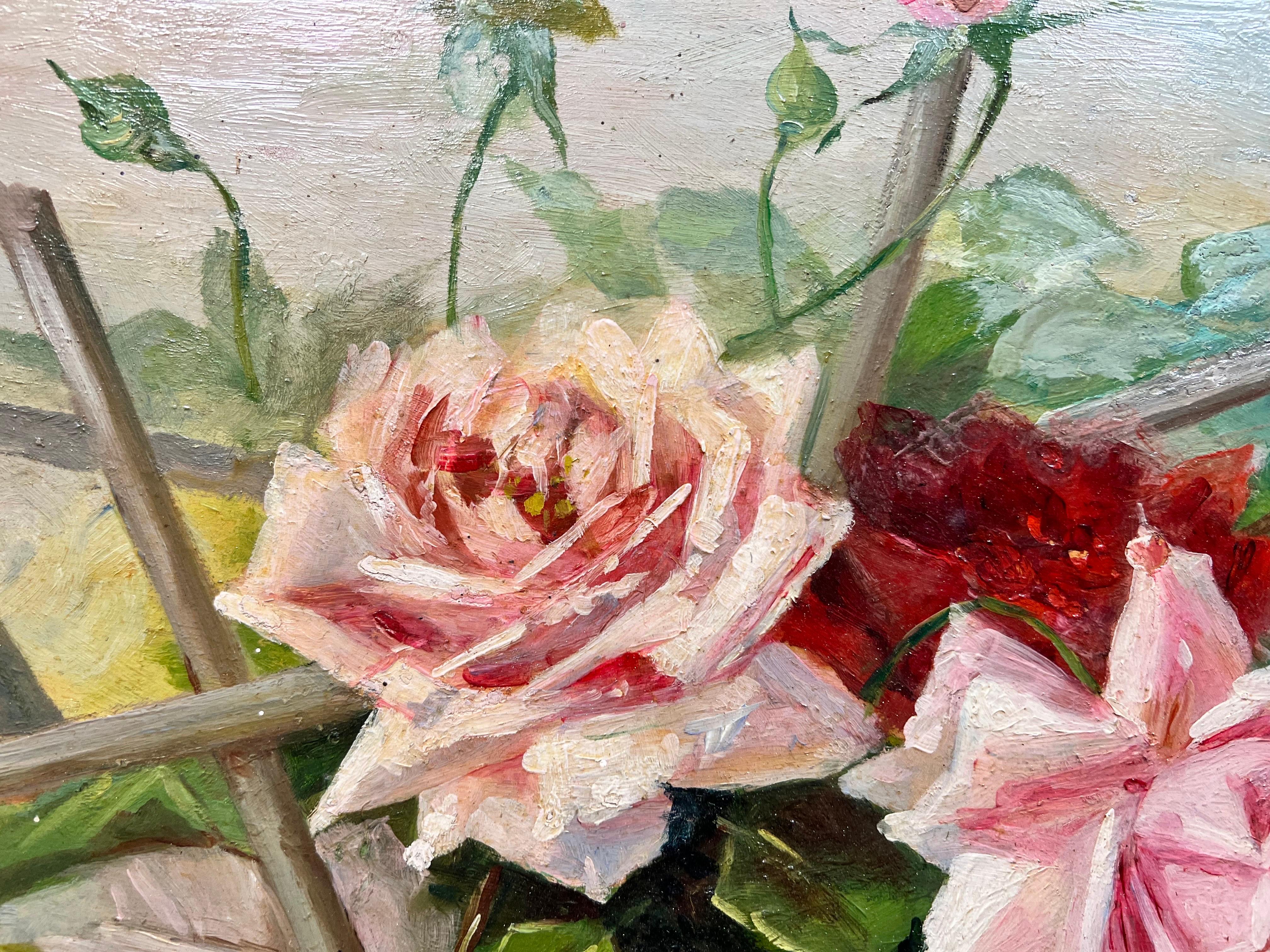 Vintage French Signed Oil Painting Sprig of Roses in a Natural Setting For Sale 4