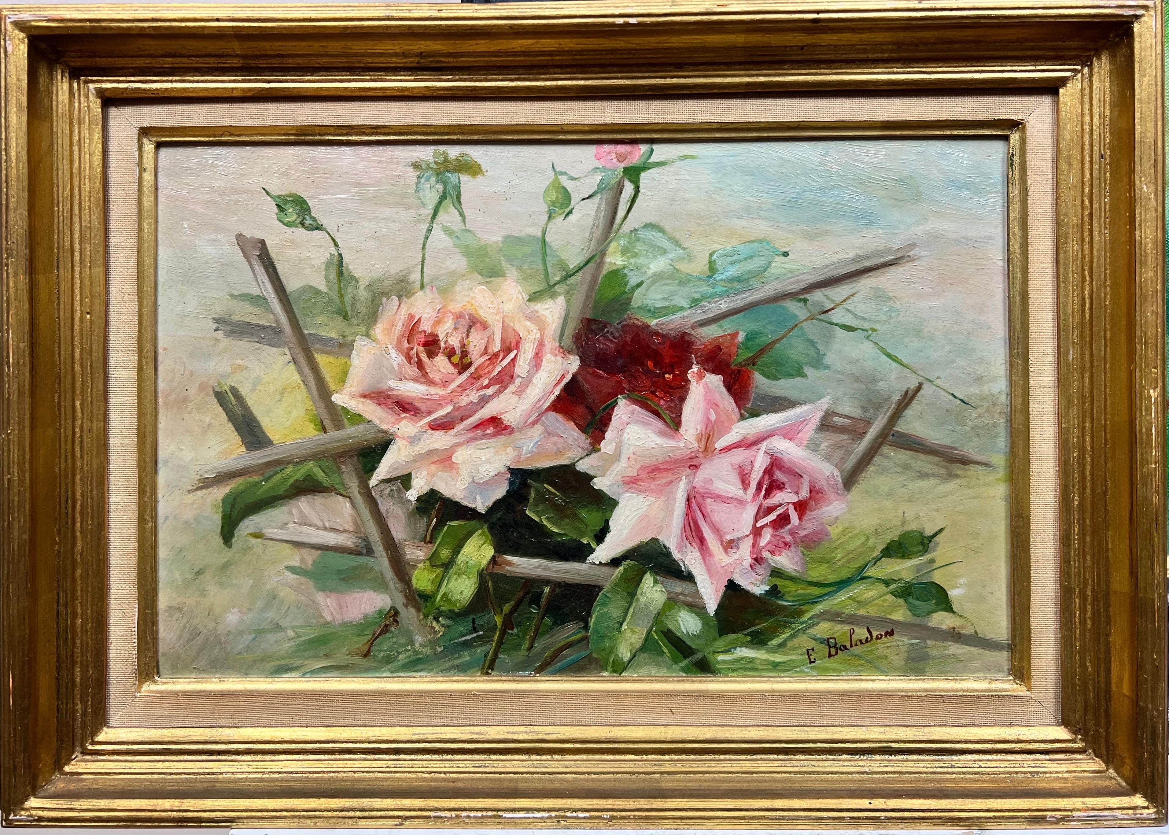 S.E. Baladon Still-Life Painting - Vintage French Signed Oil Painting Sprig of Roses in a Natural Setting