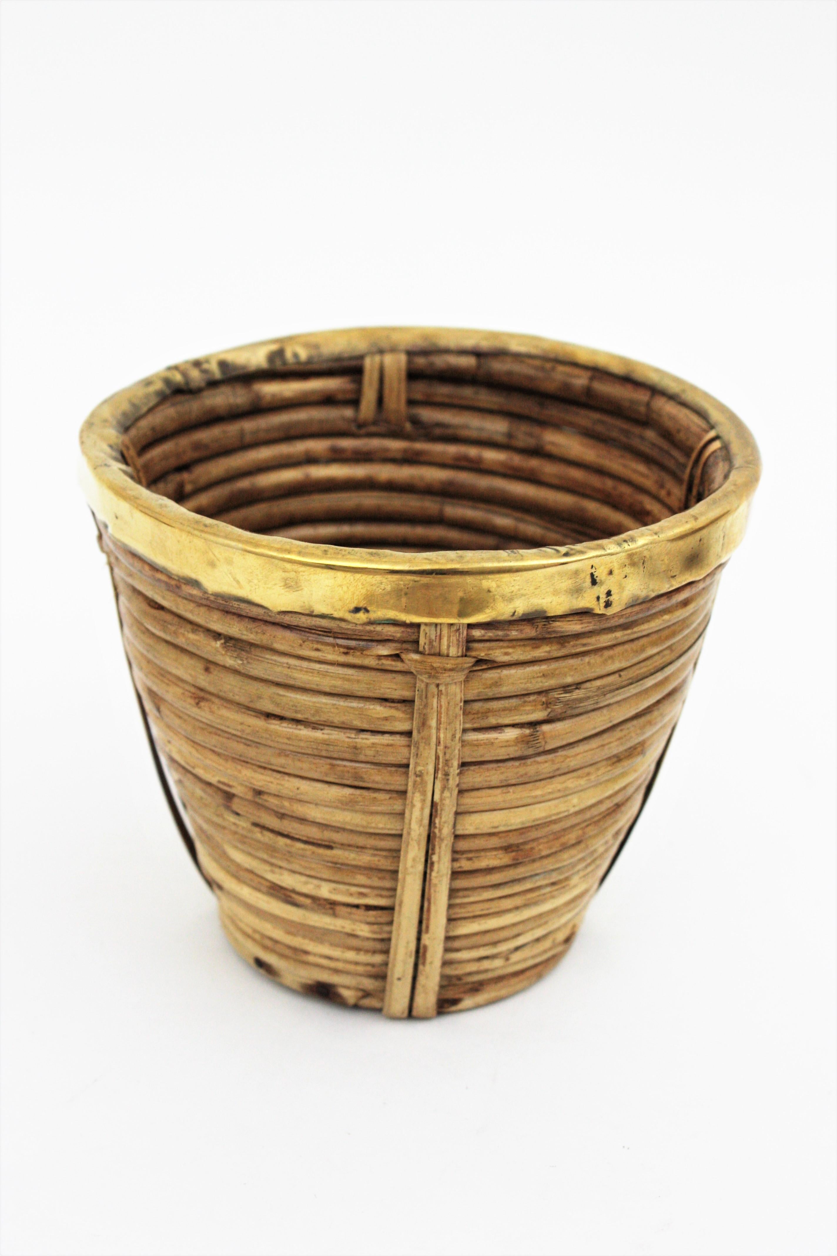 Se of Three Rattan and Brass Basket Bowls, Italy, 1970s 6