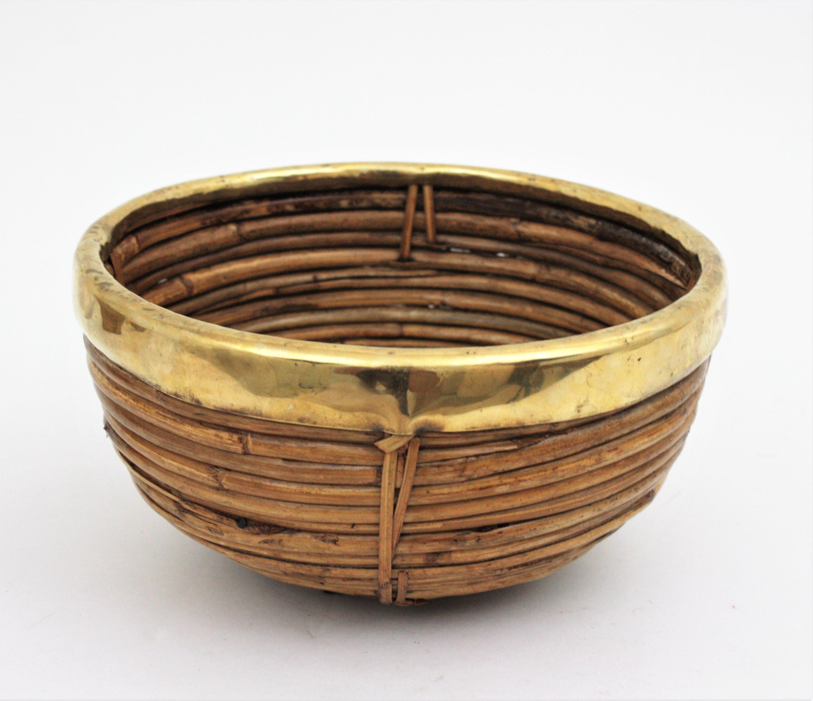 Se of Three Rattan and Brass Basket Bowls, Italy, 1970s 7