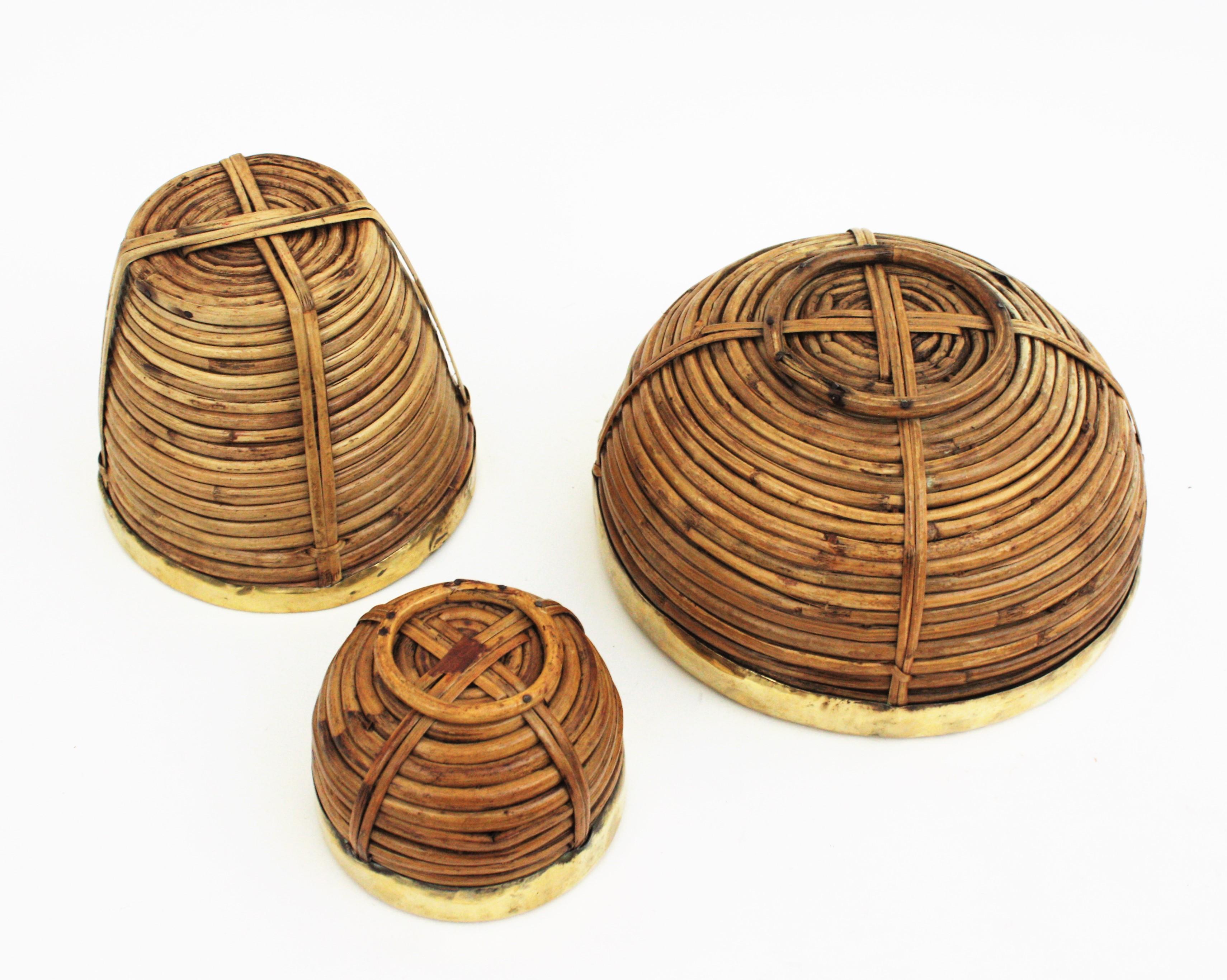 Se of Three Rattan and Brass Basket Bowls, Italy, 1970s 9