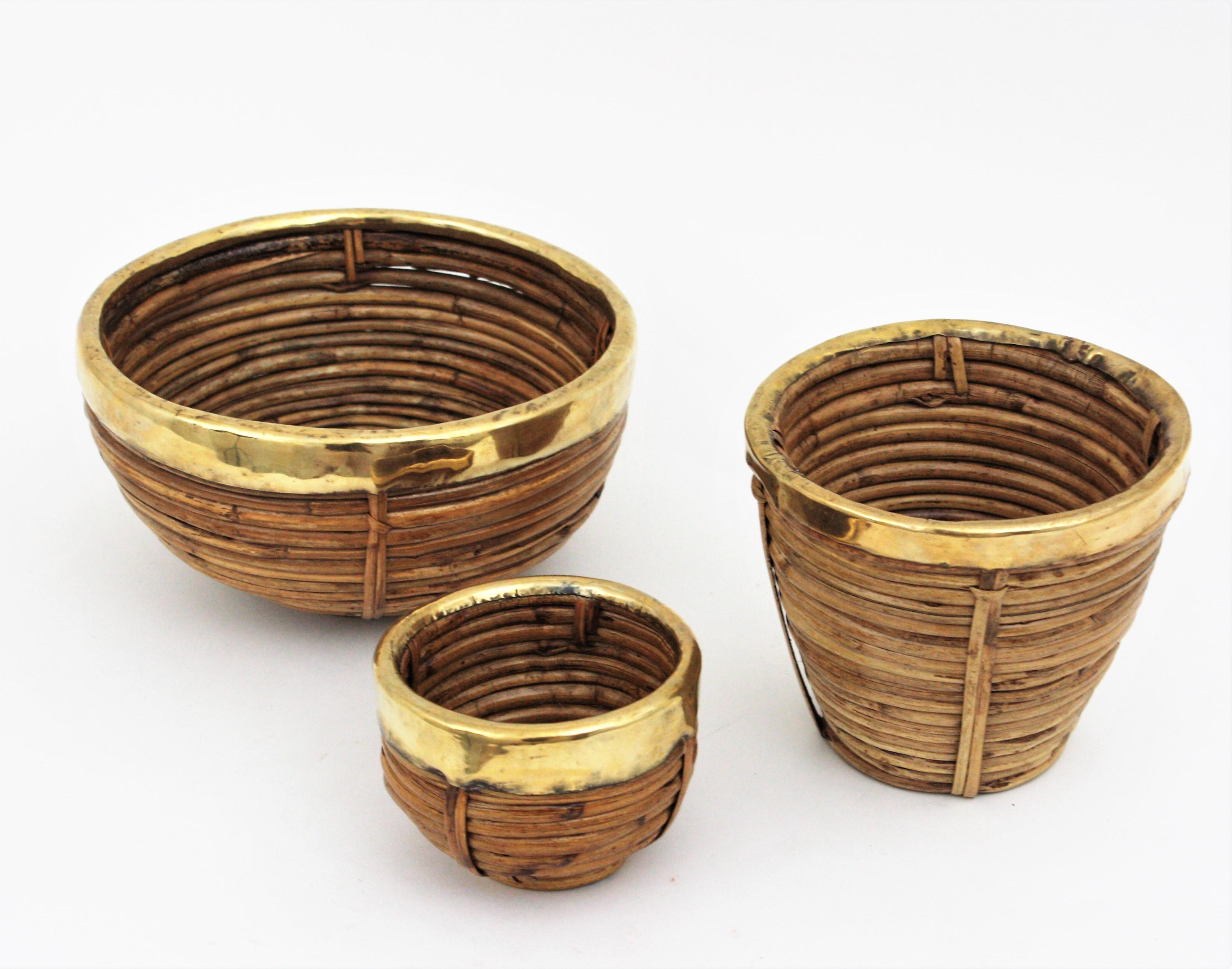 Hand-Crafted Se of Three Rattan and Brass Basket Bowls, Italy, 1970s