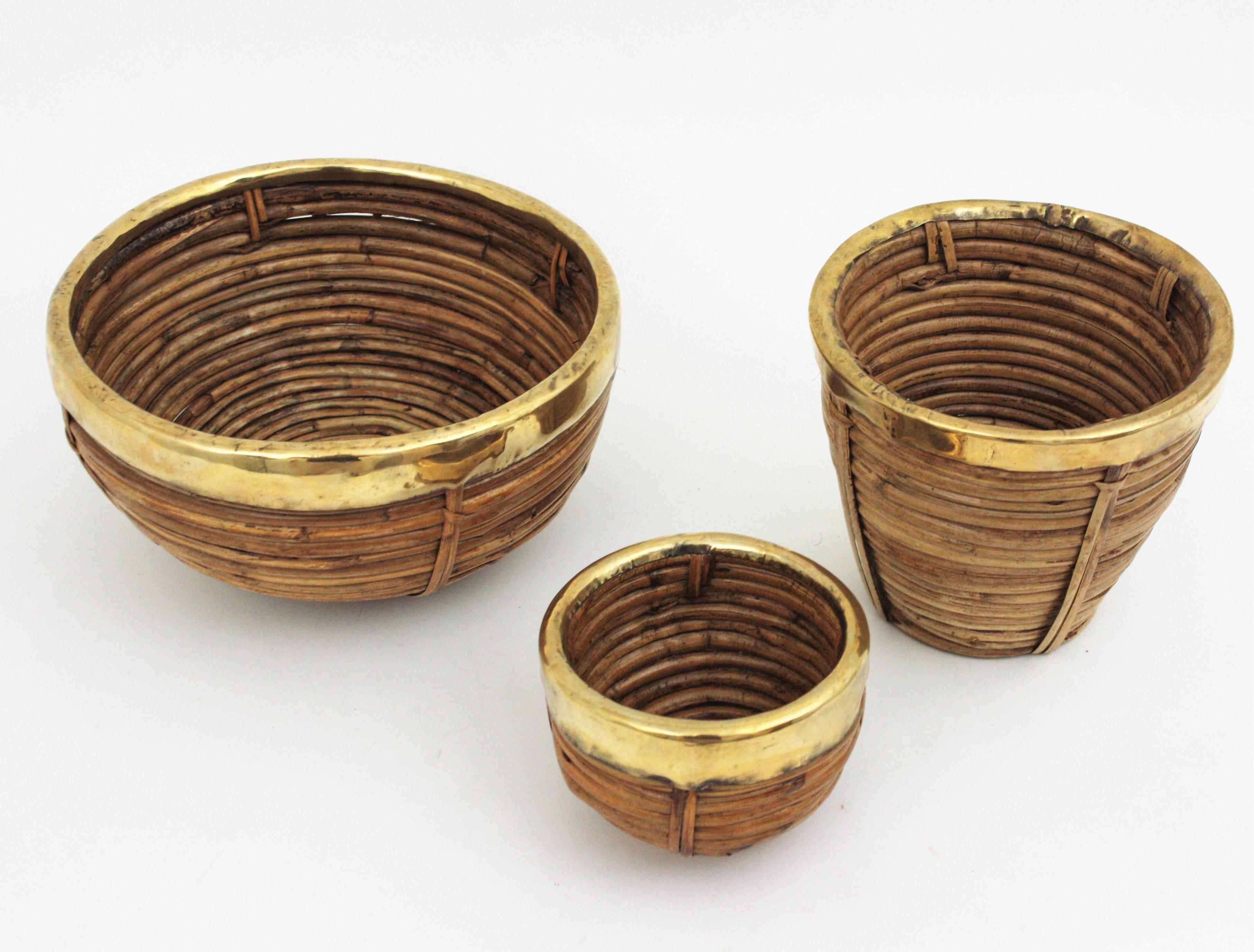 Se of Three Rattan and Brass Basket Bowls, Italy, 1970s In Good Condition In Barcelona, ES