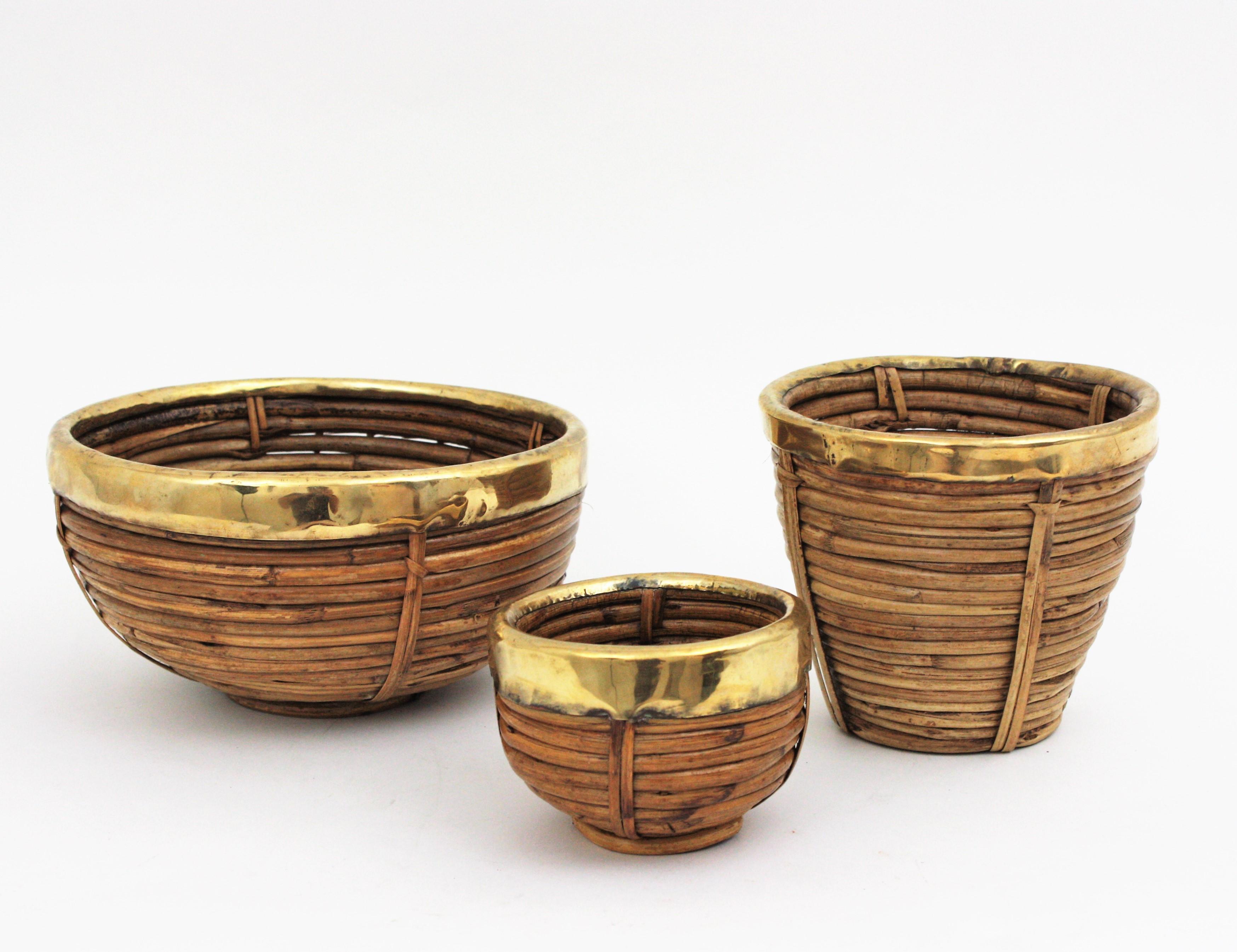 Se of Three Rattan and Brass Basket Bowls, Italy, 1970s 1