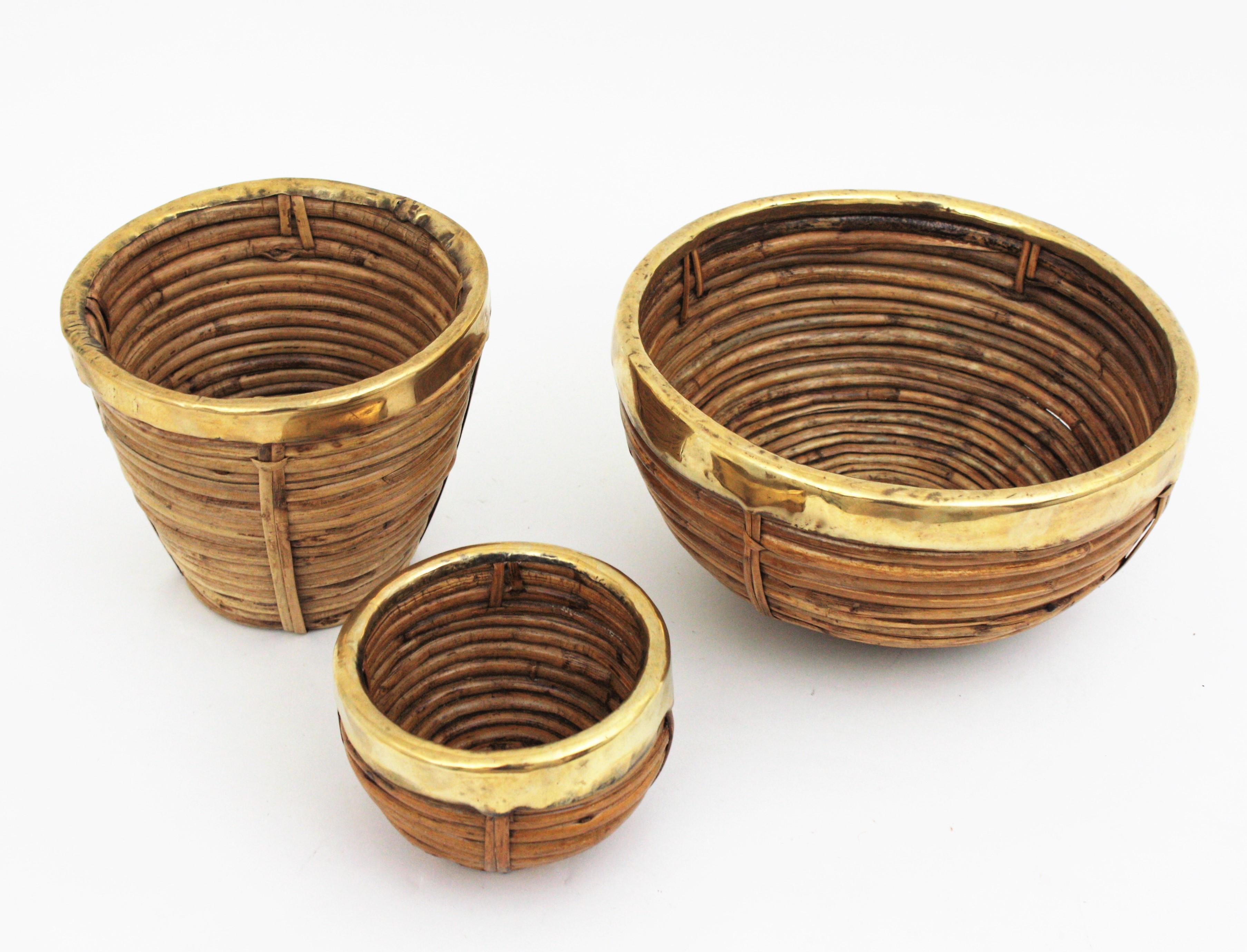 Se of Three Rattan and Brass Basket Bowls, Italy, 1970s 2