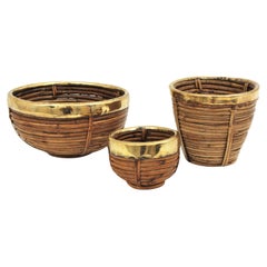 Se of Three Rattan and Brass Basket Bowls, Italy, 1970s